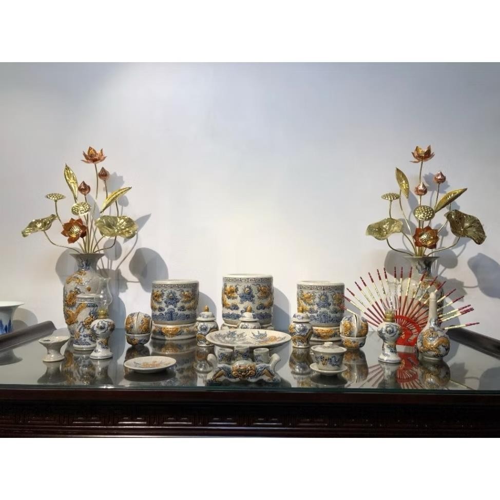 HG039 Đồ Thờ Cúng Bộ 19 món ban thờ 1M75 - 2M men rạn nổi nghệ nhân Bát Tràng chế tác TẶNG Thất Bảo, Tro Nếp_thumbnail_6