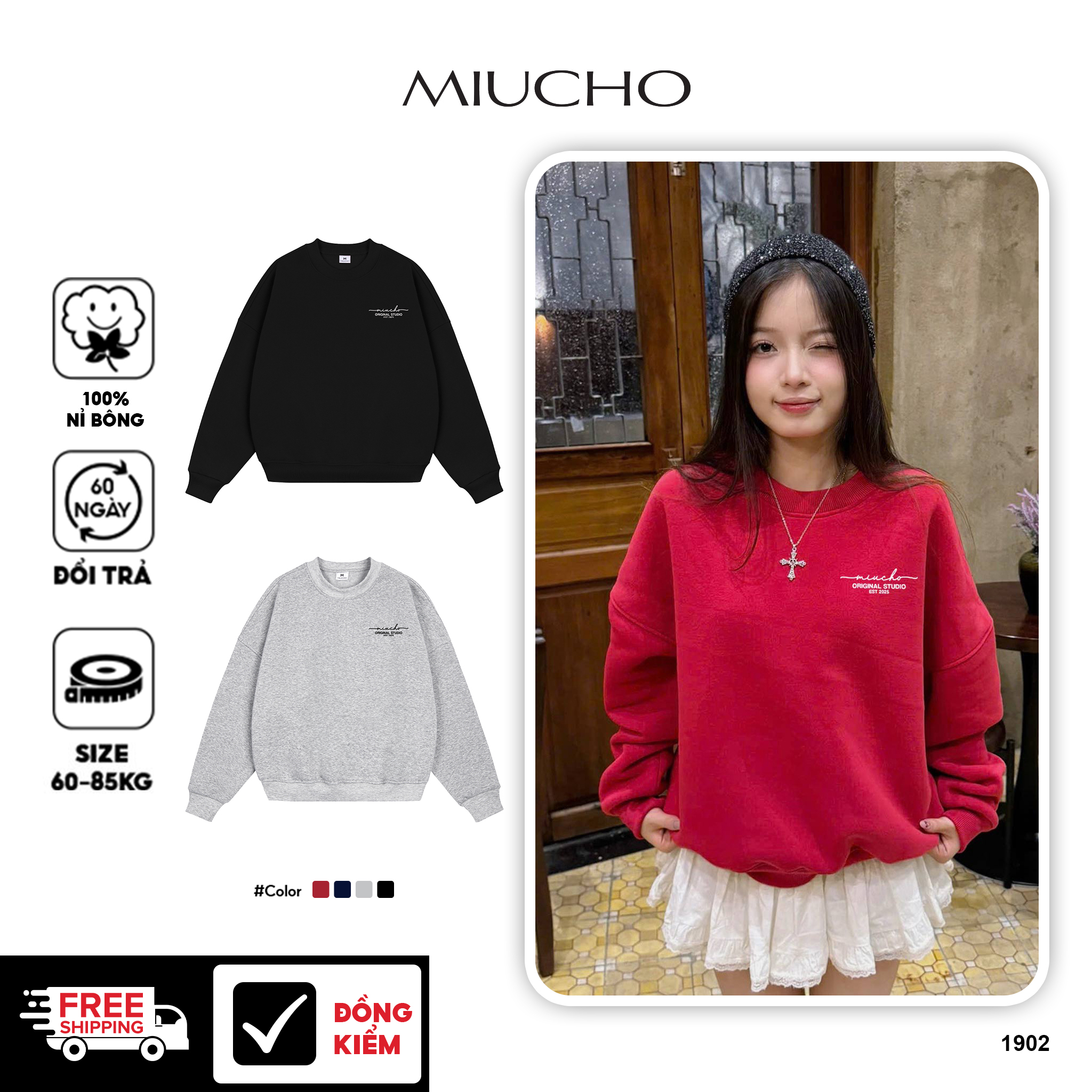 Áo sweater nữ form boxy 1902 Miucho cổ tròn vải nỉ bông 350 GSM in basic_thumbnail_1