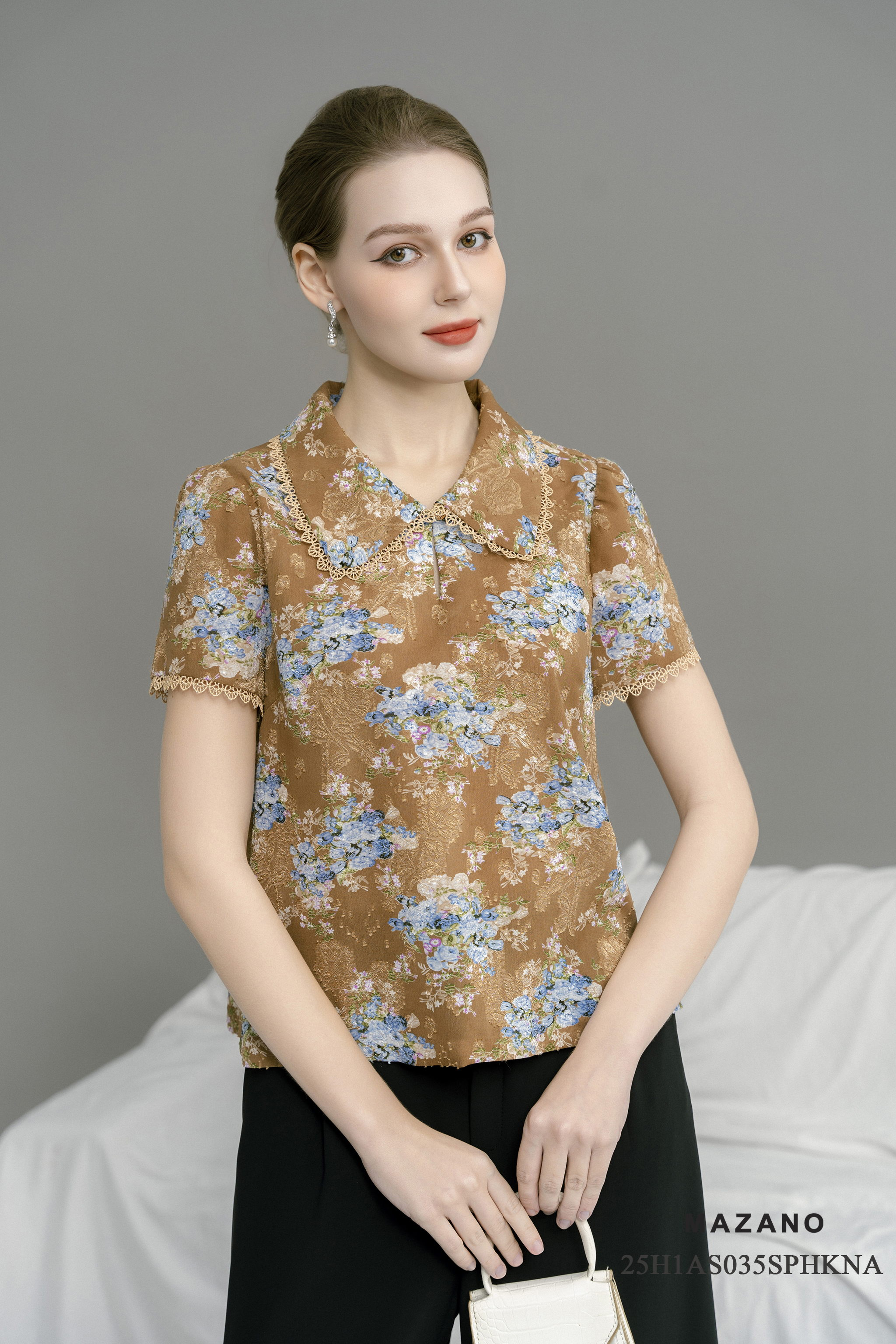 Áo top suông cài khuy Họa tiết hoa cách điệu Cổ bẻ Tay ngắn Dài dưới eo_thumbnail_3