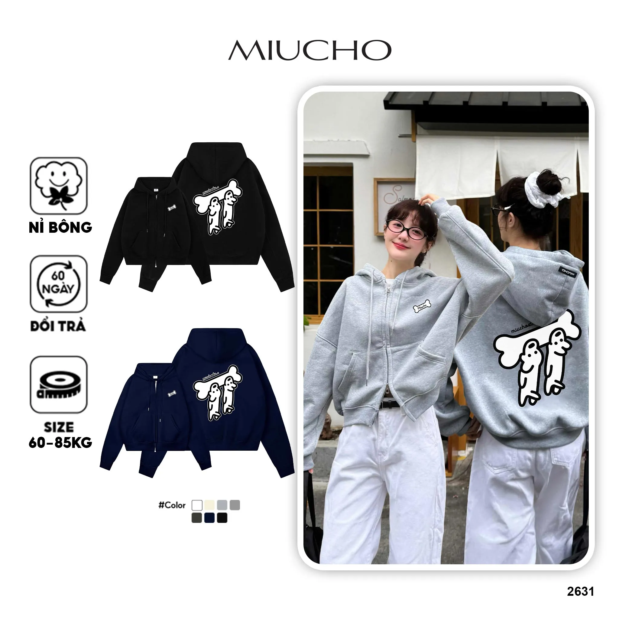 Áo hoodie zip form boxy hình cún dễ thương 2631 Miucho vải nỉ 2 da dày dặn thoáng mát giữ ấm tốt in mix_thumbnail_1