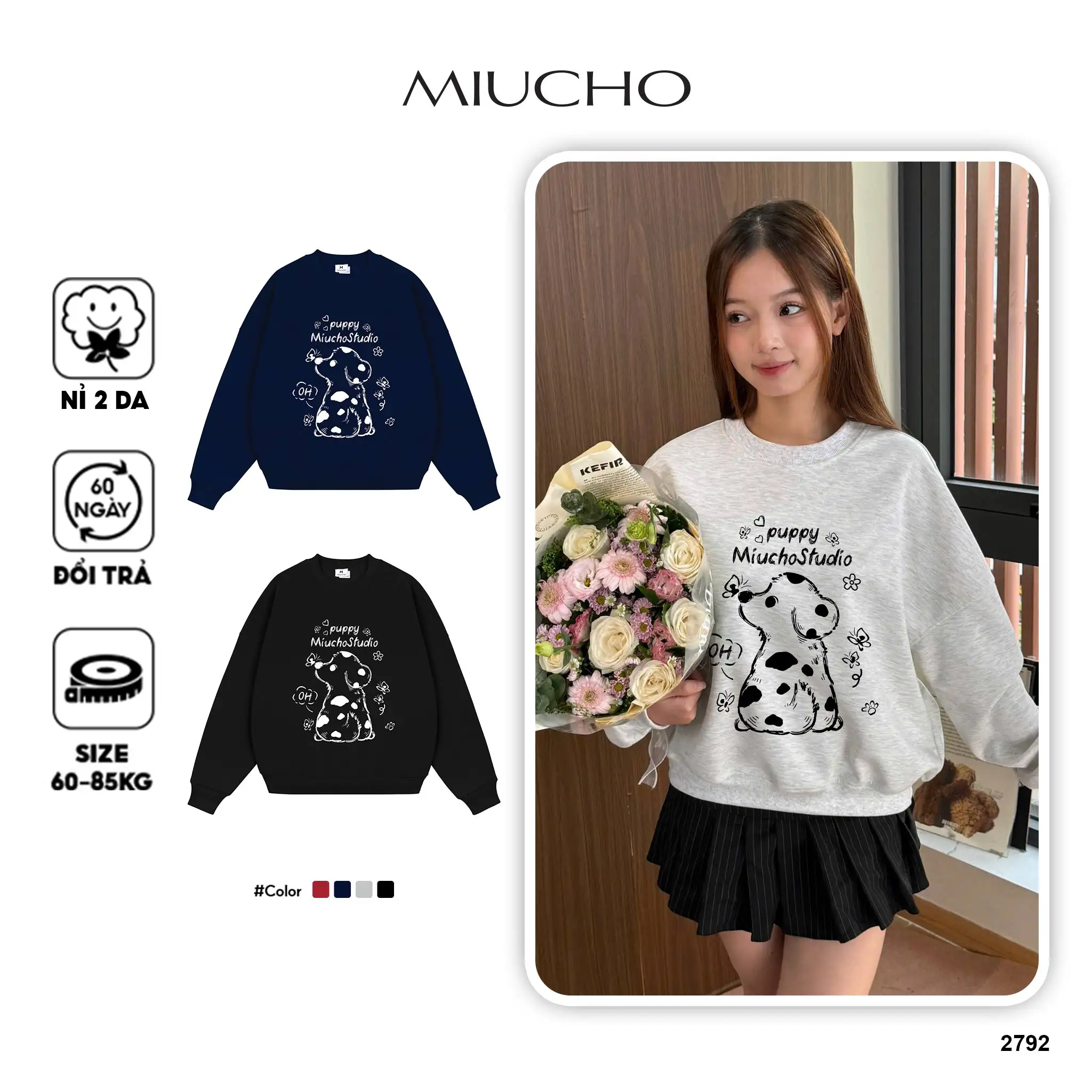 Áo Sweater nam nữ form boxy Miucho Studio nỉ 2 da mềm mại thoáng mát Puppy in mix 2792