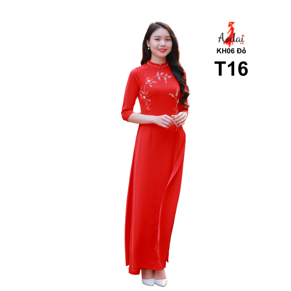 Áo dài T16 AODAIVN màu đỏ Kh06 cổ cao 2cm tay lỡ lụa Mỹ