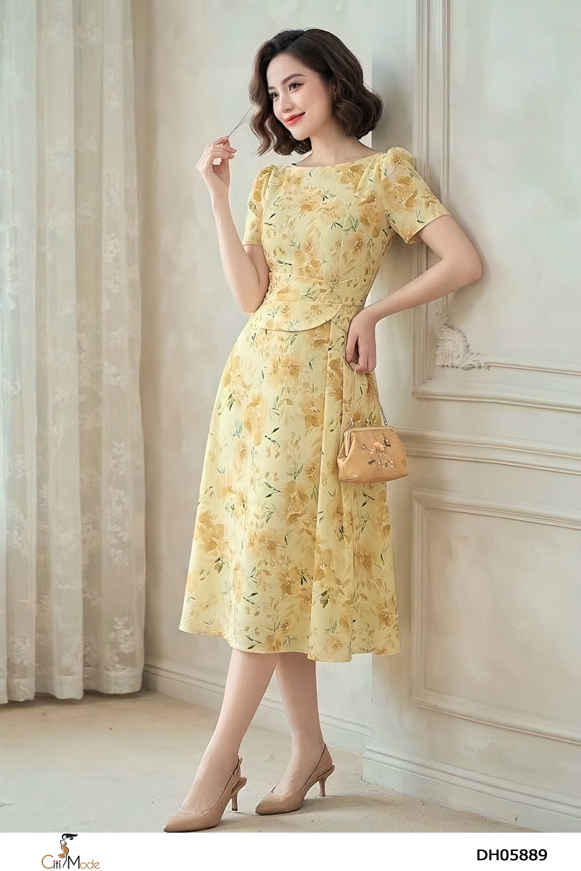 Đầm xòe puplum hoa vàng, cố thuyền. Chân váy xếp ly lệch_thumbnail_2