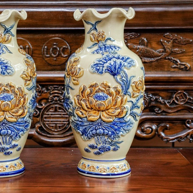 Đồ Thờ Cúng Lọ Hoa Men Hoàng Thổ - Lọ Lượn Chim Công Hoa Đào - Tài Lộc Phú Quý 28cm, 35cm Bát Tràng