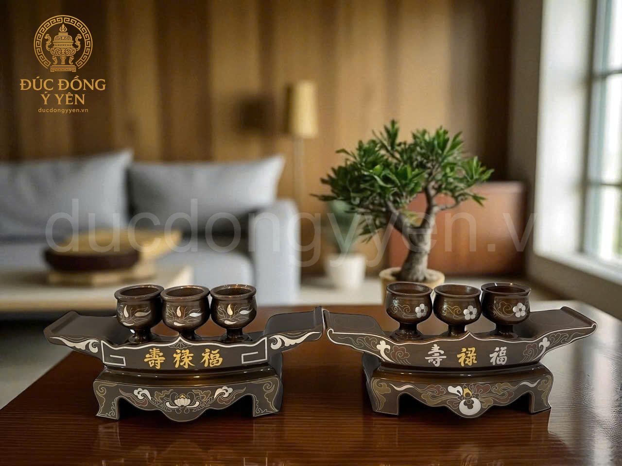 Ngai chén thờ khảm ngũ sắc đúc đồng đỏ 