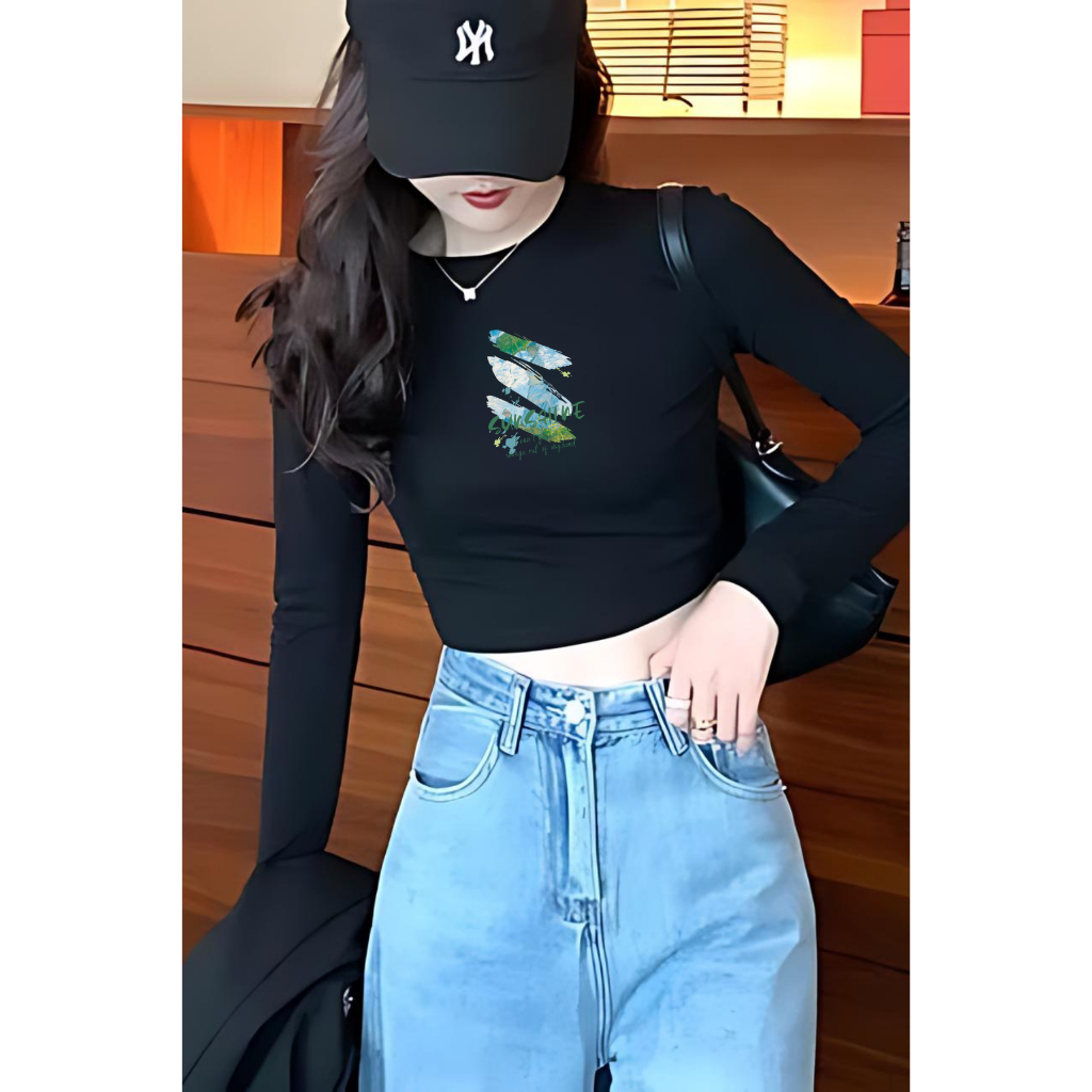 Áo croptop tay dài nữ màu đen/ trắng in hình nhiều mẫu - Áo thun dài tay Loza - G0198_thumbnail_0