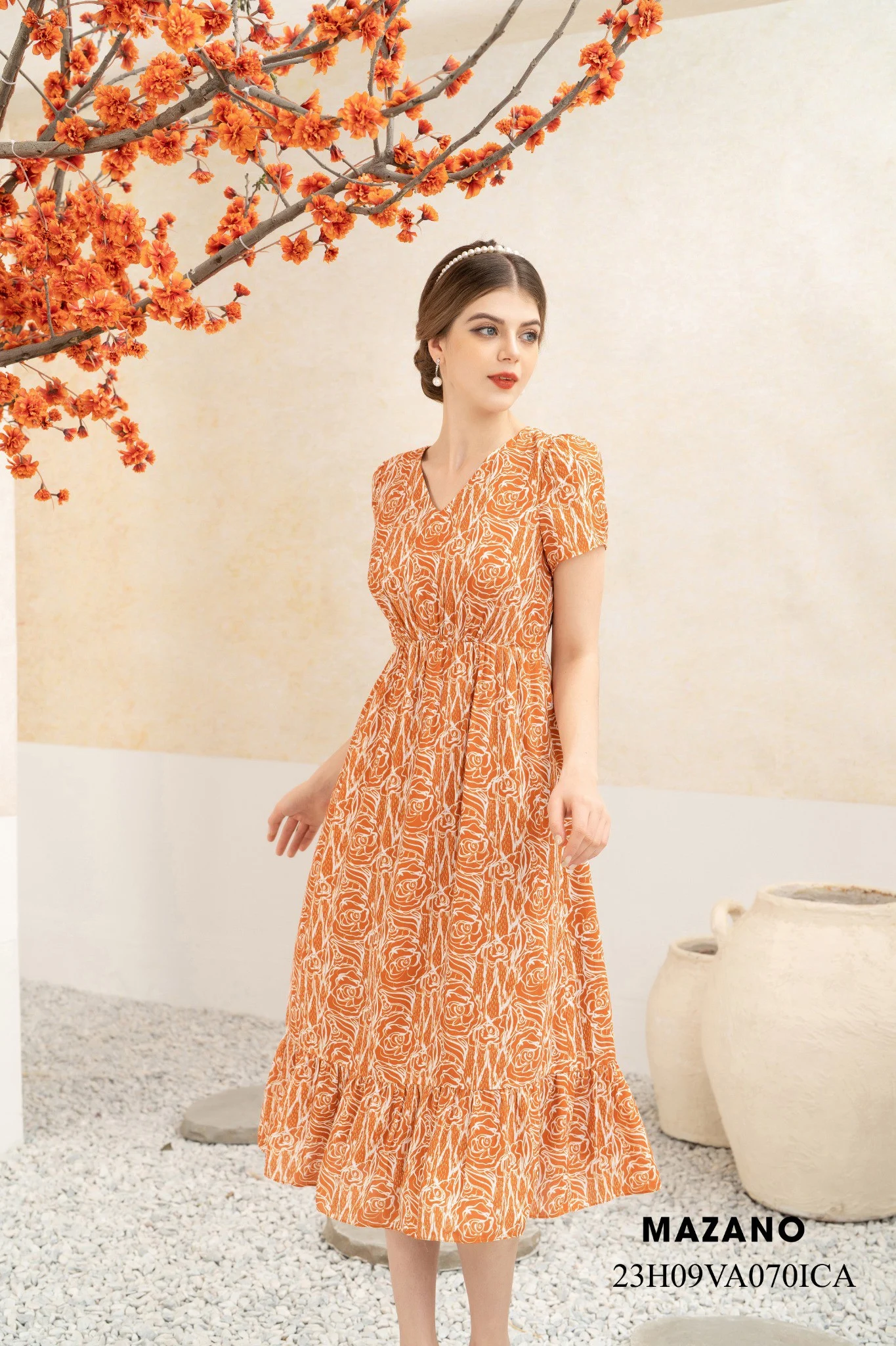 Váy Đầm ôm Chân rủ Vải chiffon dày Họa tiết hoa cách điệu Cổ V Tay ngắn Dài ngang bắp chân_thumbnail_2