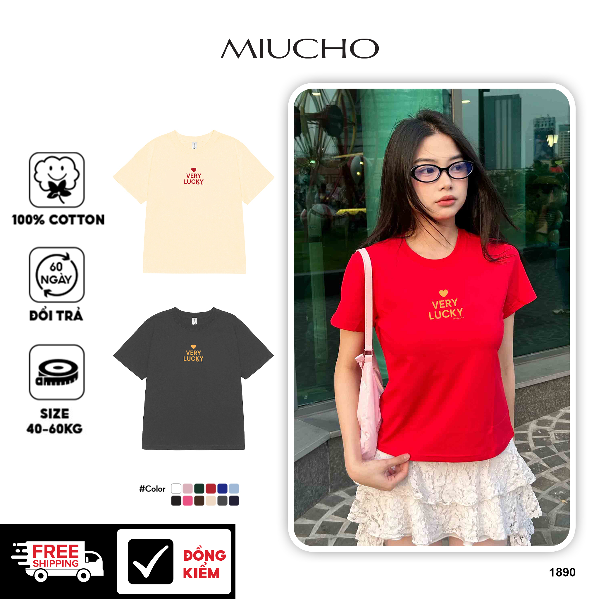 Áo baby tee tết very lucky form ôm 1890 Miucho cổ tròn chất vải cotton 4c thoáng mát in basic
