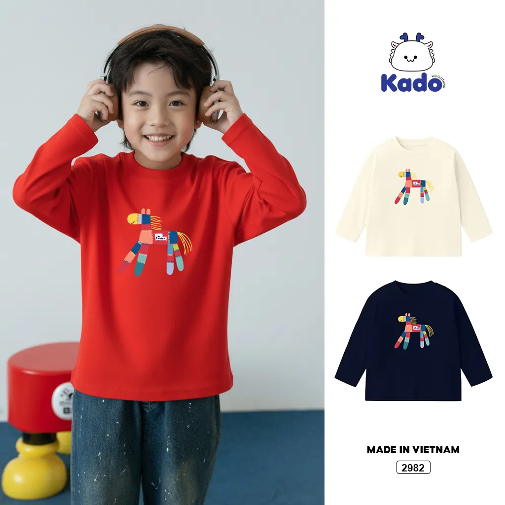 Áo thun bé trai tay dài form rộng Kado vải dày dặn giữ ấm hình ngựa 2982