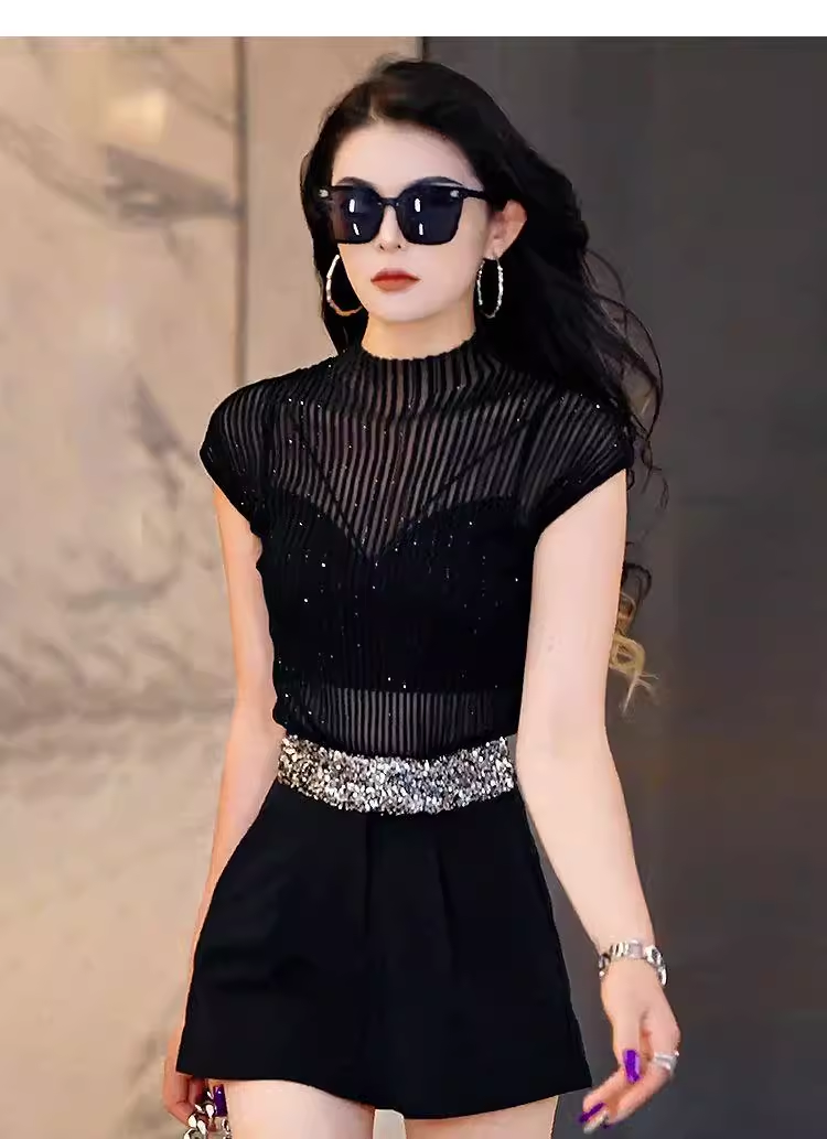 15789-Set bộ áo voan lưới sọc kèm quần sọt viền kim sa ( voan lưới, chéo nhật)_thumbnail_0