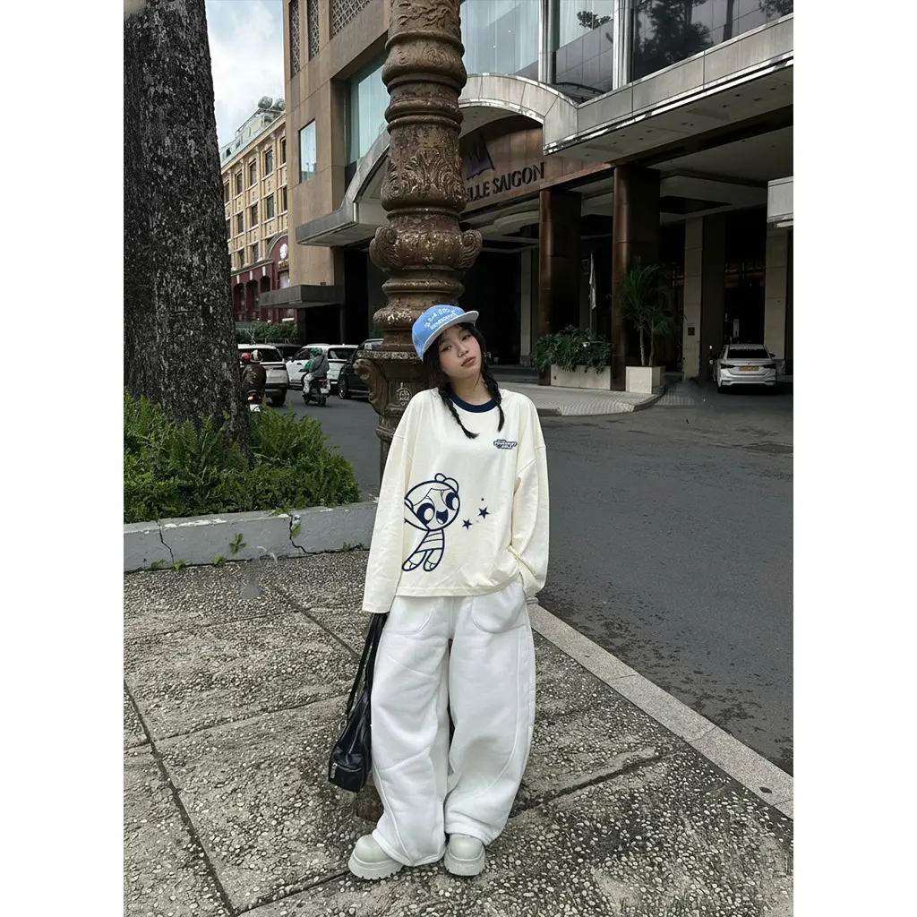 Áo thun boxy tay dài Miucho chất vải thoáng mát giữ form Powerpuff Girl phối cổ mix màu xanh đen 2815_thumbnail_2