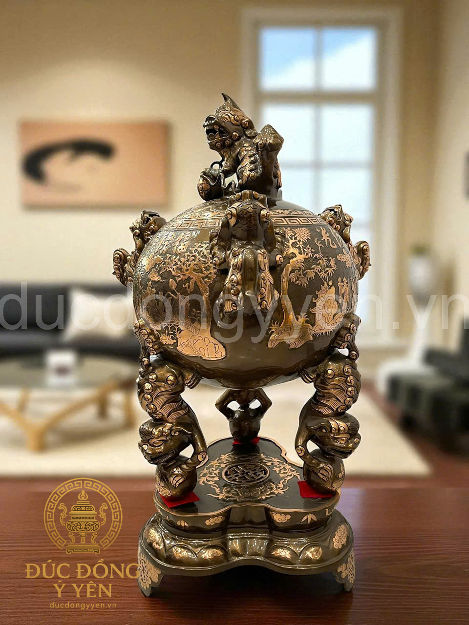 Đỉnh thất lân vờn cầu đúc đồng đỏ phớt cạo màu kỹ _thumbnail_2