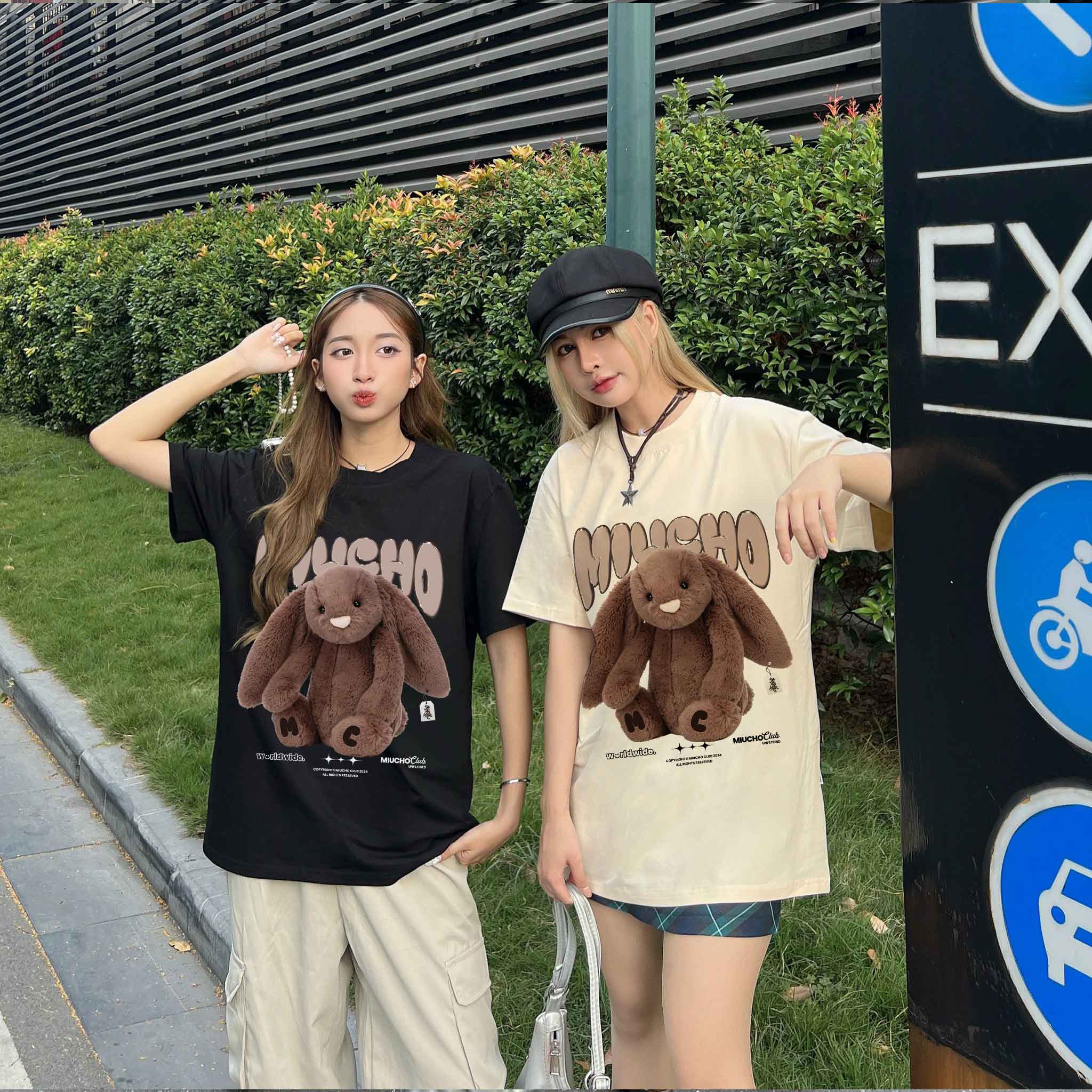 Áo thun thỏ Bunny form rộng local brand ATD1253 Miucho tay ngắn cổ tròn in mix_thumbnail_5