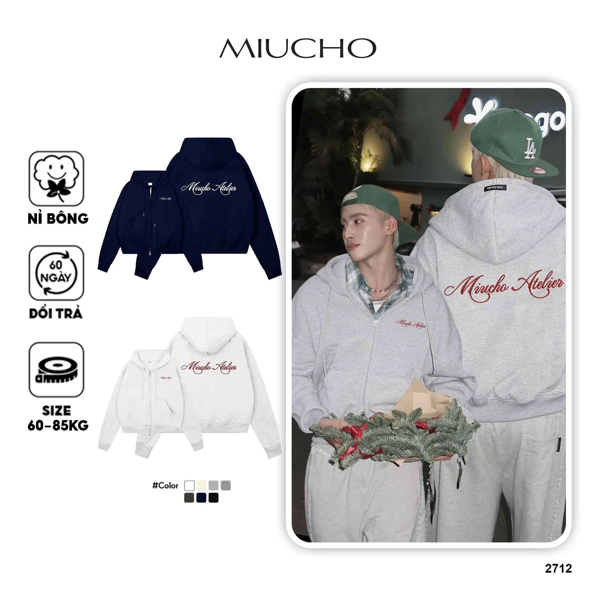 Áo hoodie zip form boxy Miucho Atelier nỉ 2 da thoáng mát dày dặn phong cách basic in typography 2712