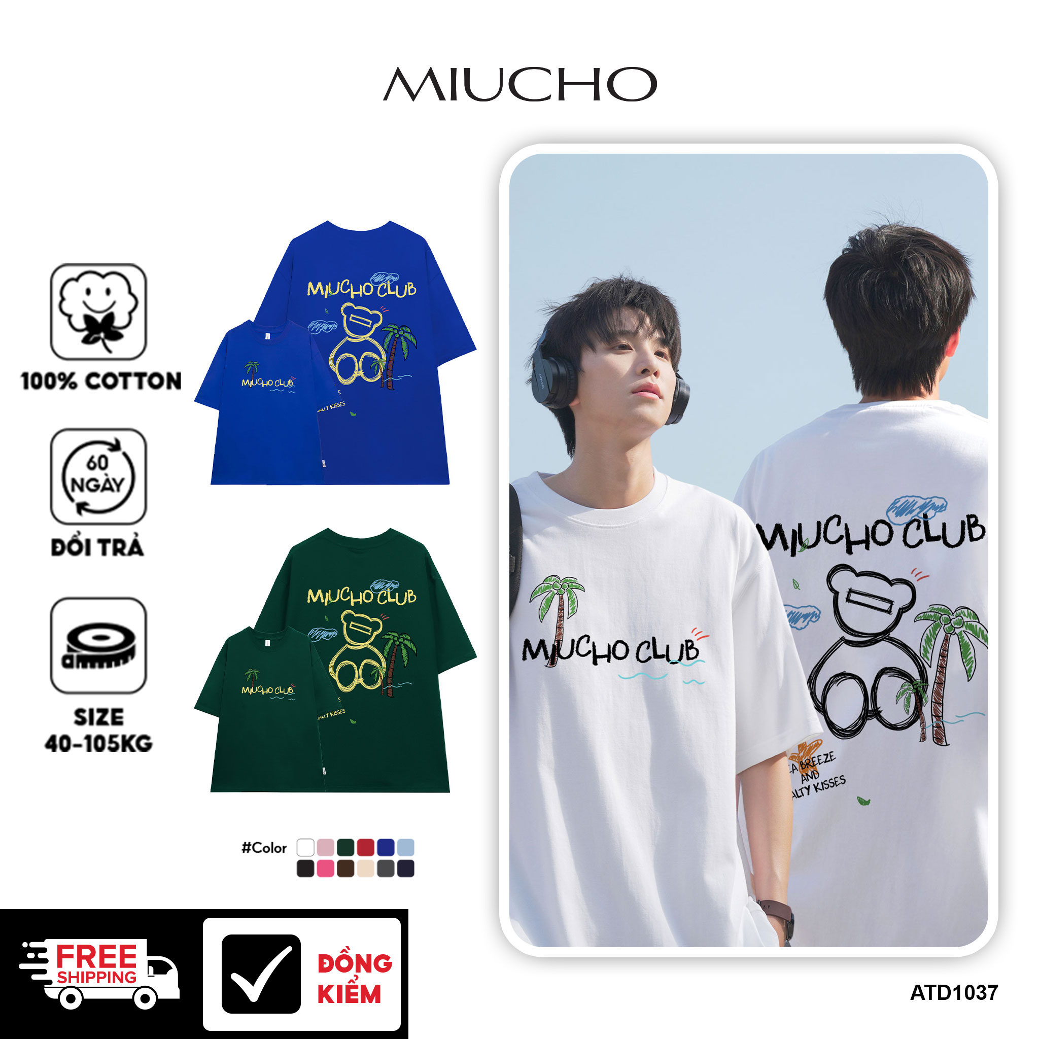 Áo phông nam mùa hè đi biển form rộng nhiều màu ATD1037 Miucho Man tay ngắn cổ tròn in mix