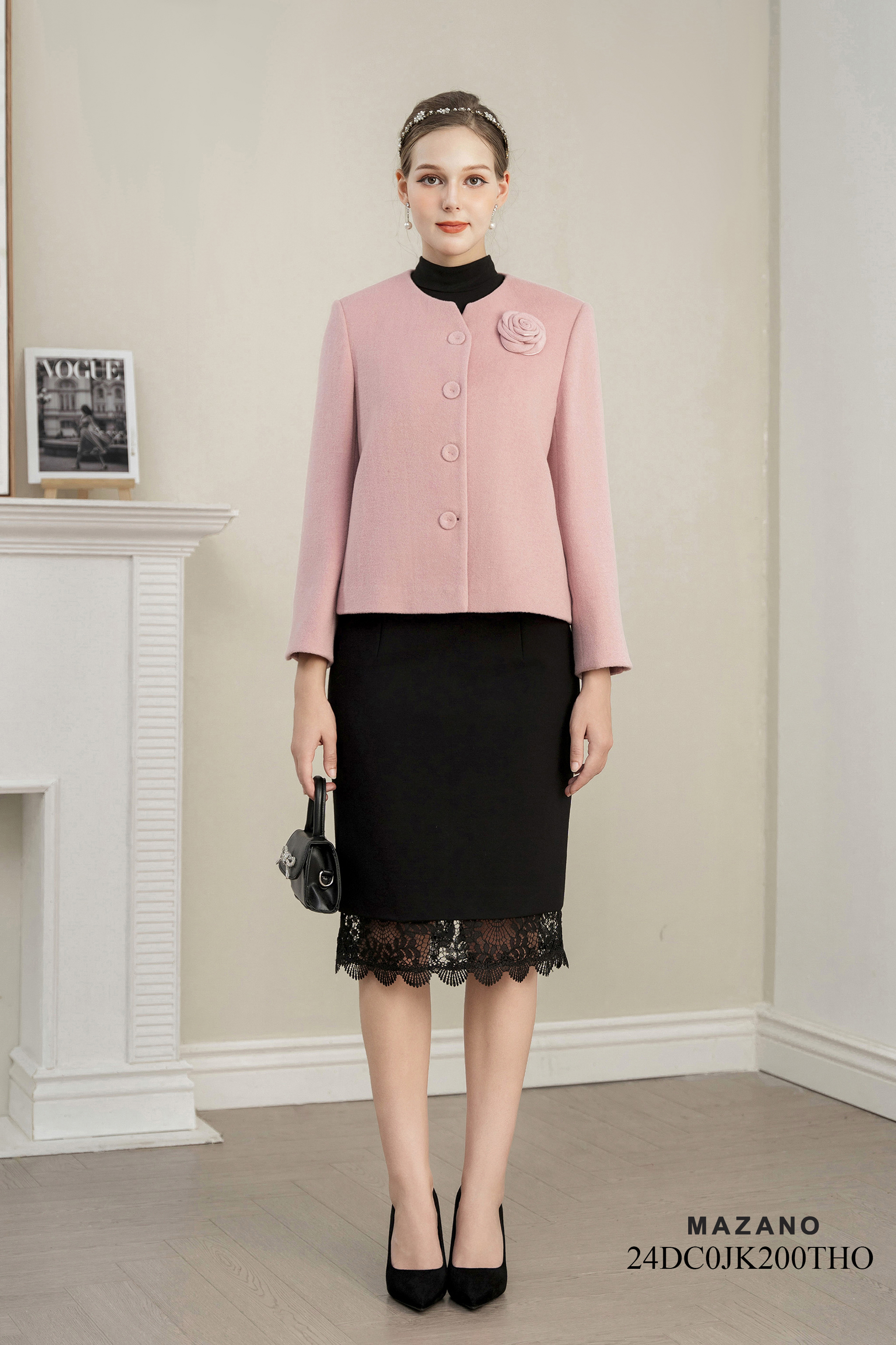 Áo khoác ngắn Vải dạ lông cừu Đính hoa thủ công Cổ tròn Tay dài Dài qua eo_thumbnail_1