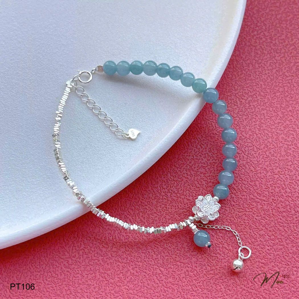 PT106 - Lắc tay Aquamarine mix bi bạc hoa sen
