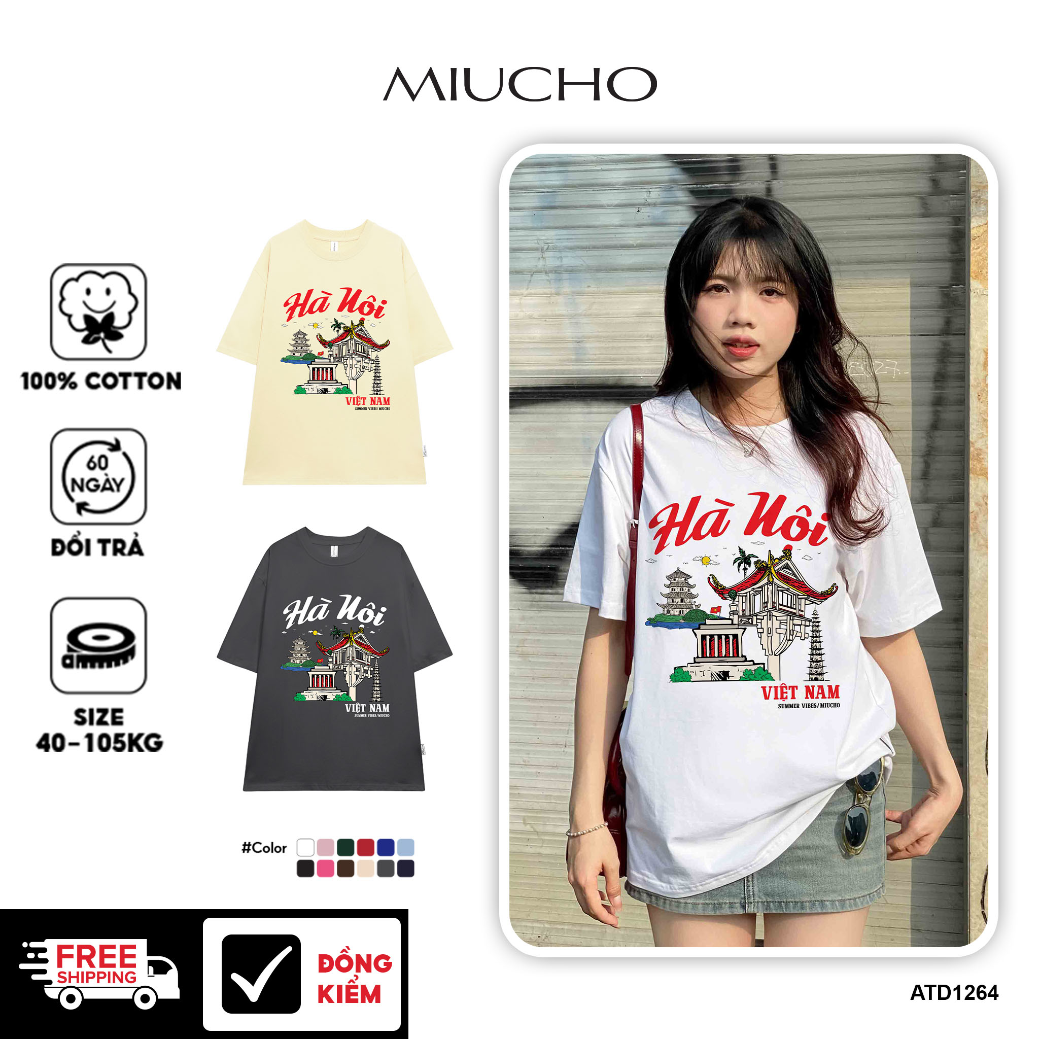 Áo thun du lịch Hà Nội ATD1264 Miucho vải cotton thoáng mát in mix_thumbnail_1