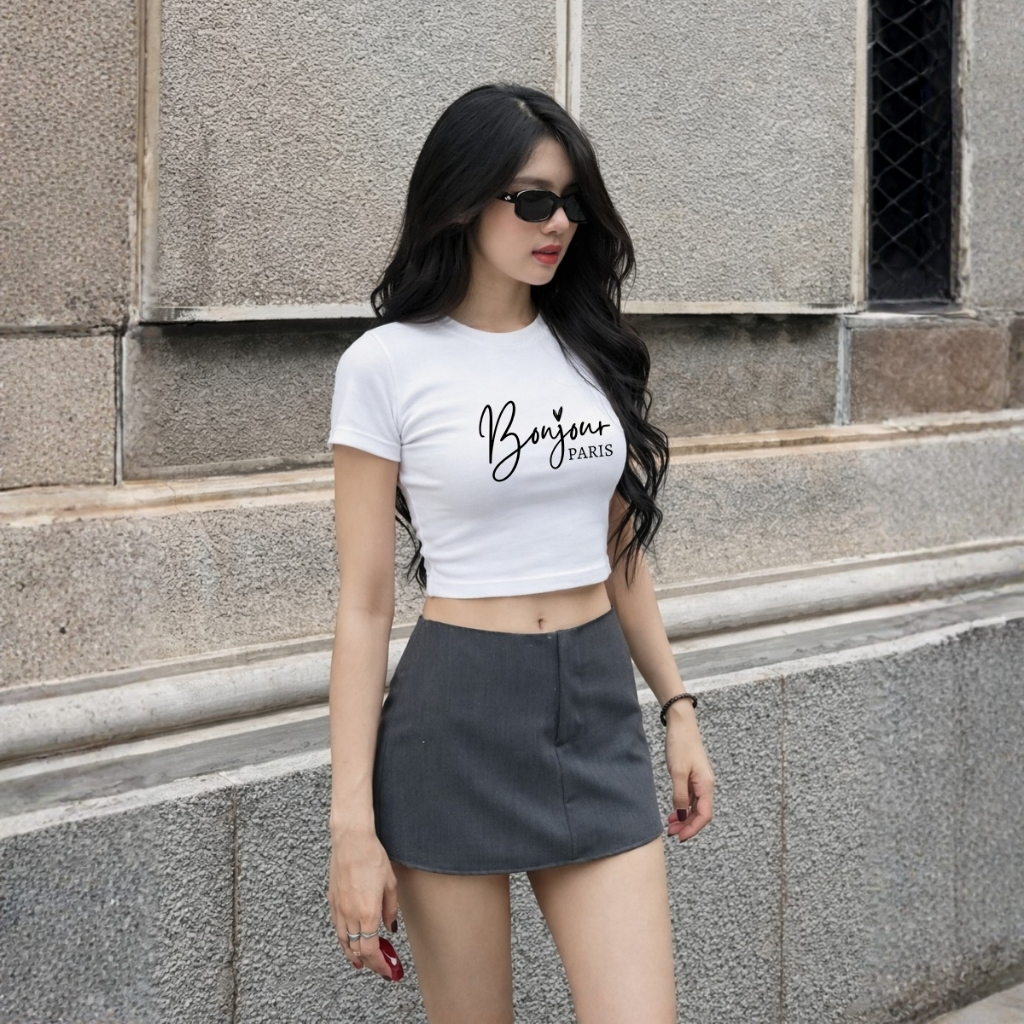 Áo croptop nữ chữ Bonjour PARIS dáng ôm chất thun cotton local brand WETEE - WC1167_thumbnail_2