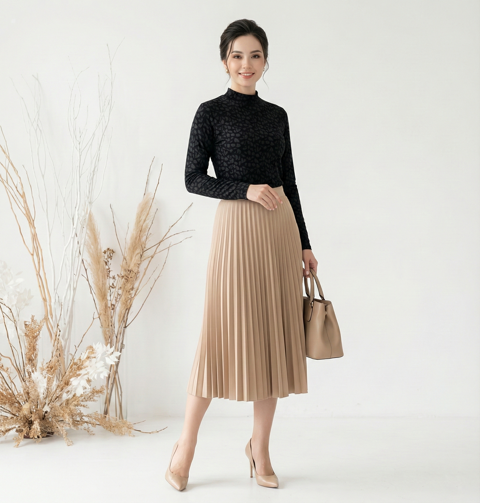 Áo top ôm vừa Vải thun len Cổ lọ  Tay dài Dài dưới eo