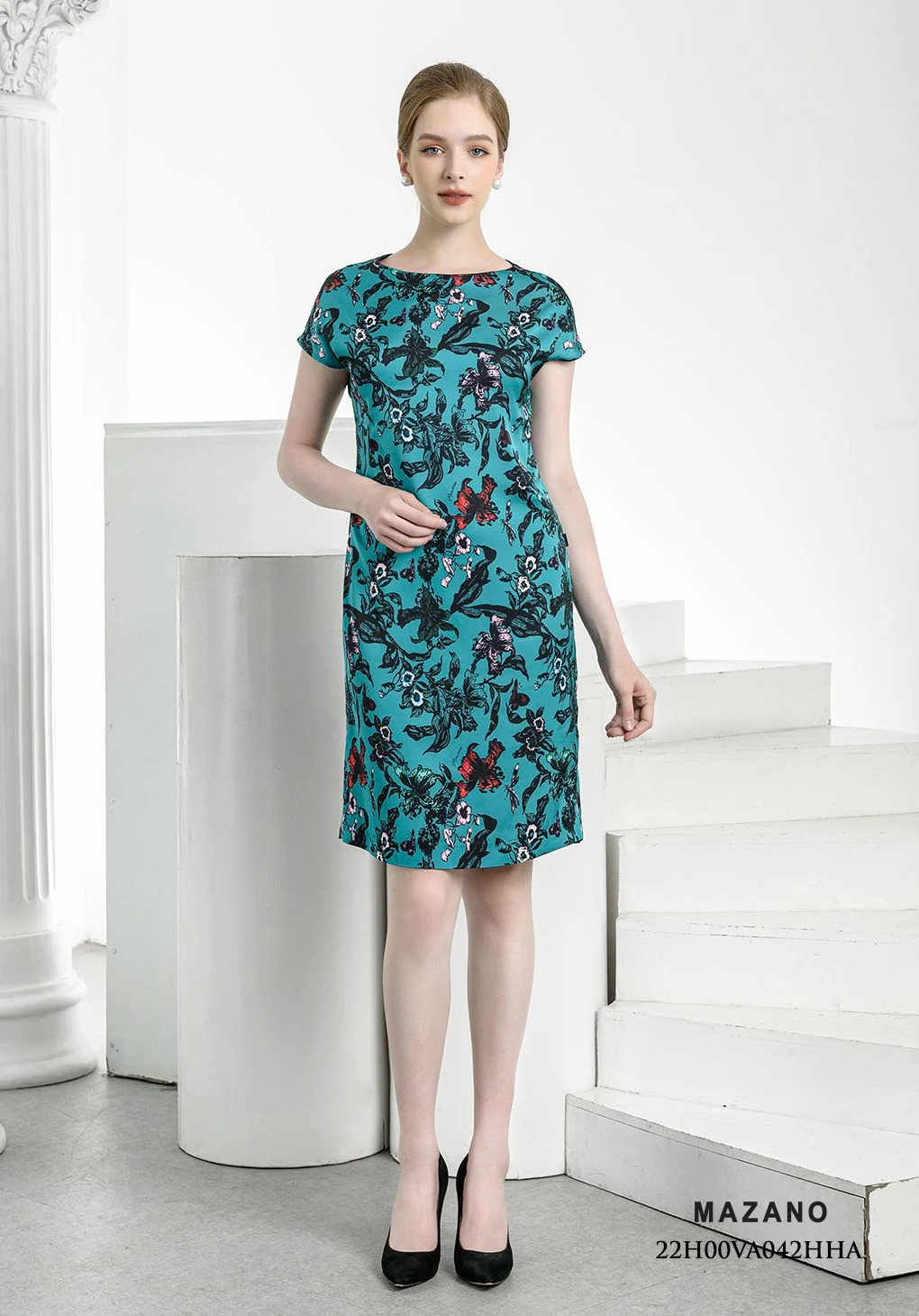 Đầm xanh suông họa tiết