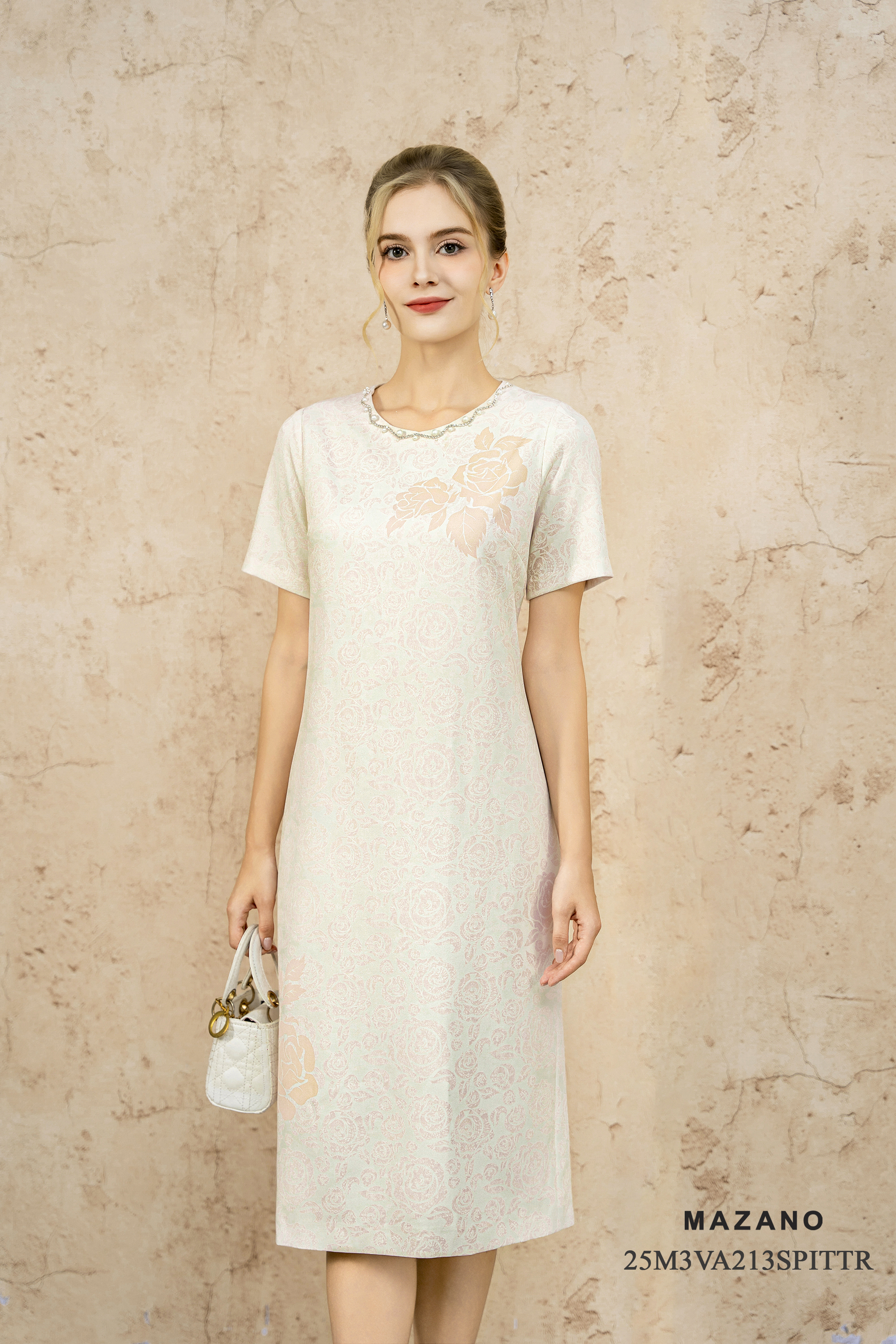 Váy đầm suông Vải thô chun Họa tiết hoa chìm bố cục Cổ tròn Tay ngắn Dài đến bắp chân_thumbnail_2