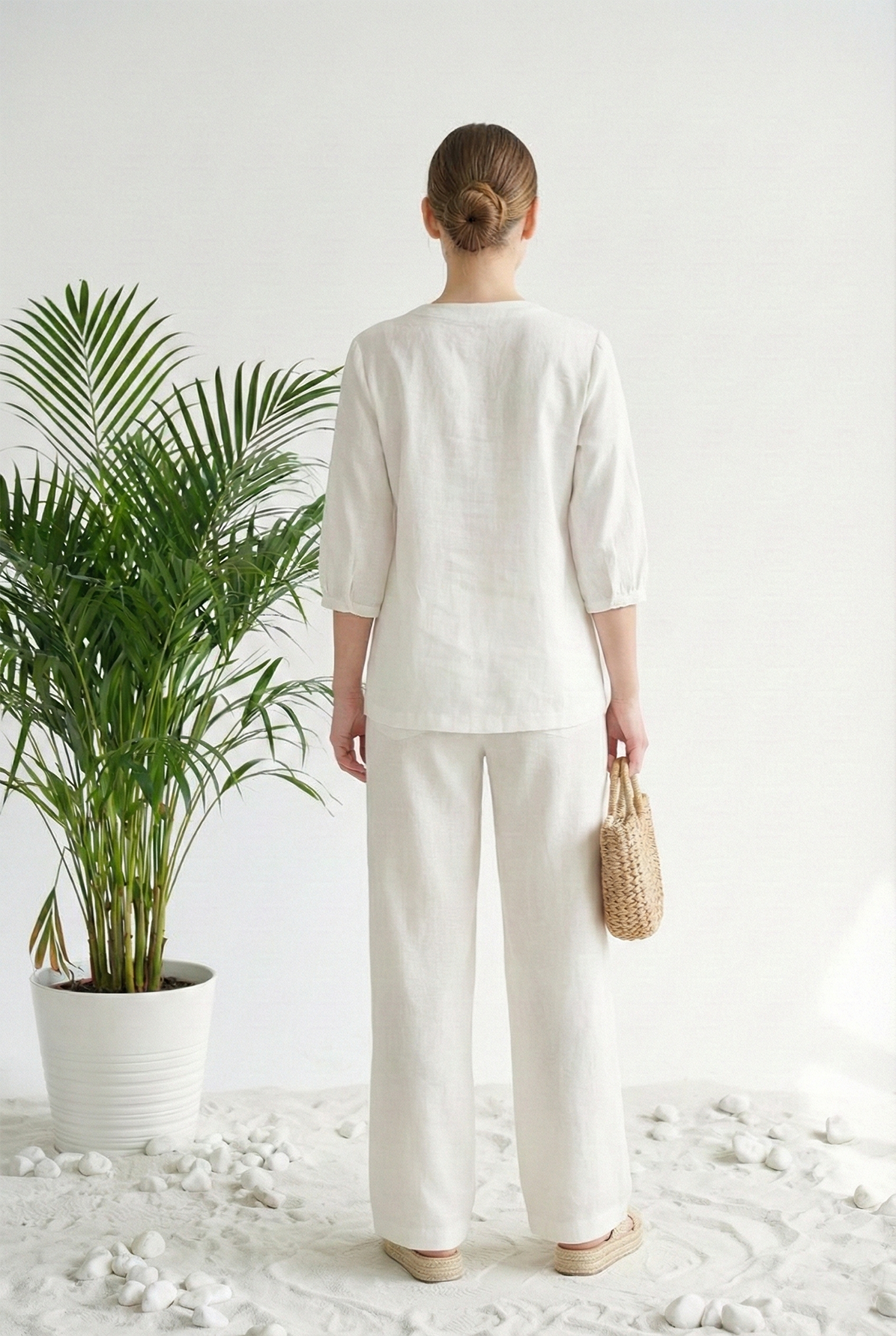 Áo sơ mi tunic vải linen trắng dáng suông cổ tàu cách điệu tay ngắn thiết kế MAZANO_thumbnail_3