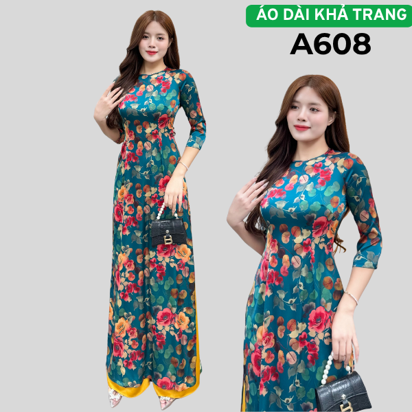Bộ A608 Áo Dài Lụa pháp Hoa Nhí màu xanh Cổ Vịt cổ Tròn Khít Tay Lỡ