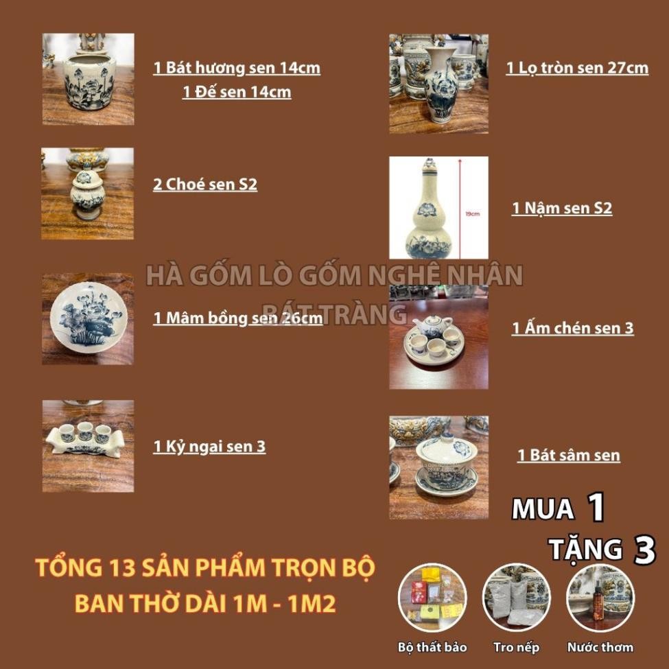 HG049 Đồ Thờ Cúng Bộ 13 món ban thờ 1M - 1M2 men rạn trơn nghệ nhân Bát Tràng chế tác TẶNG Thất Bảo, Tro Nếp_thumbnail_1