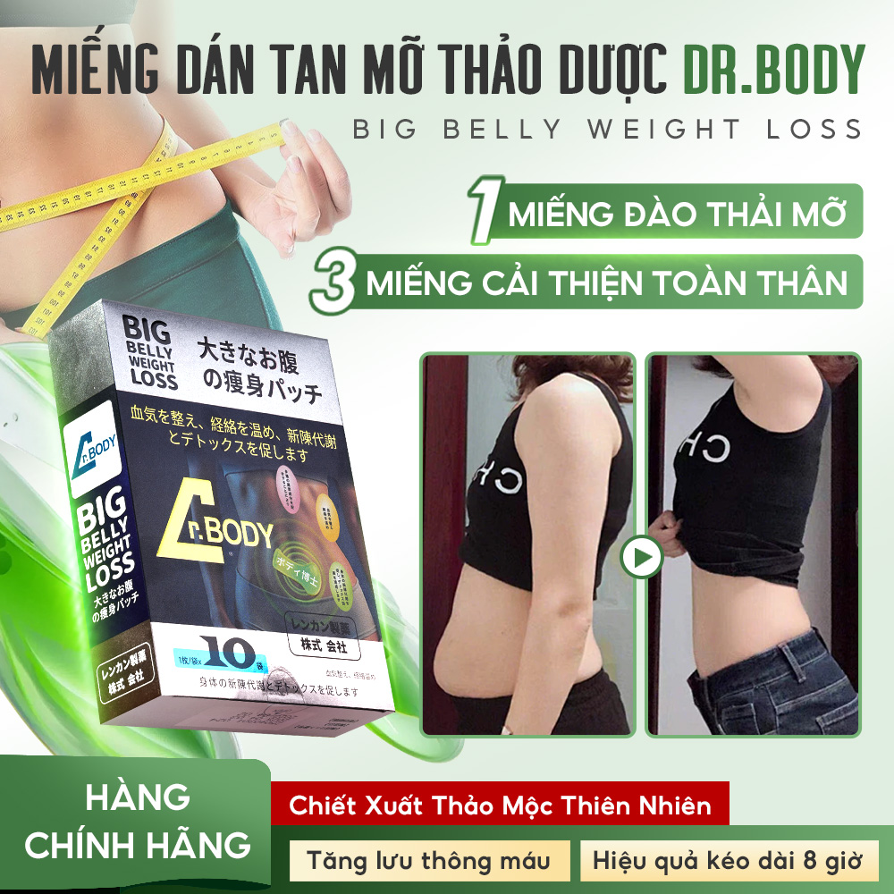 MIẾNG DÁN DR.BODY NHẬT BẢN HỖ TRỢ GIẢM MỠ VÙNG BỤNG, ĐÙI, BẮP TAY, THÀNH PHẦN THẢO MỘC TỰ NHIÊN