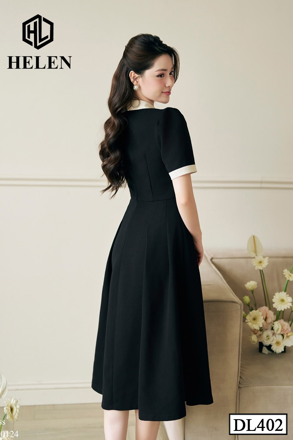 Đầm xòe đen phối be cổ cách điệu DL402