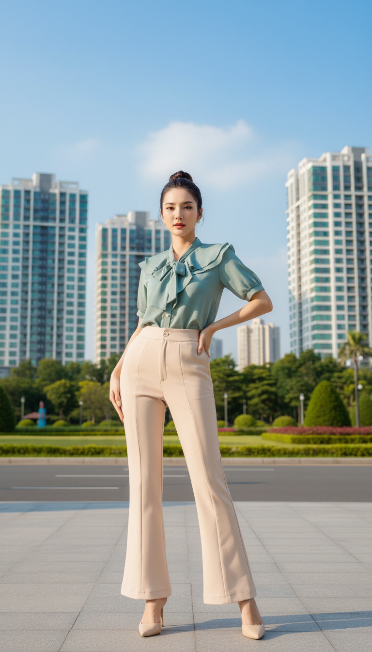 Set bộ áo kiểu cột nơ quần dài