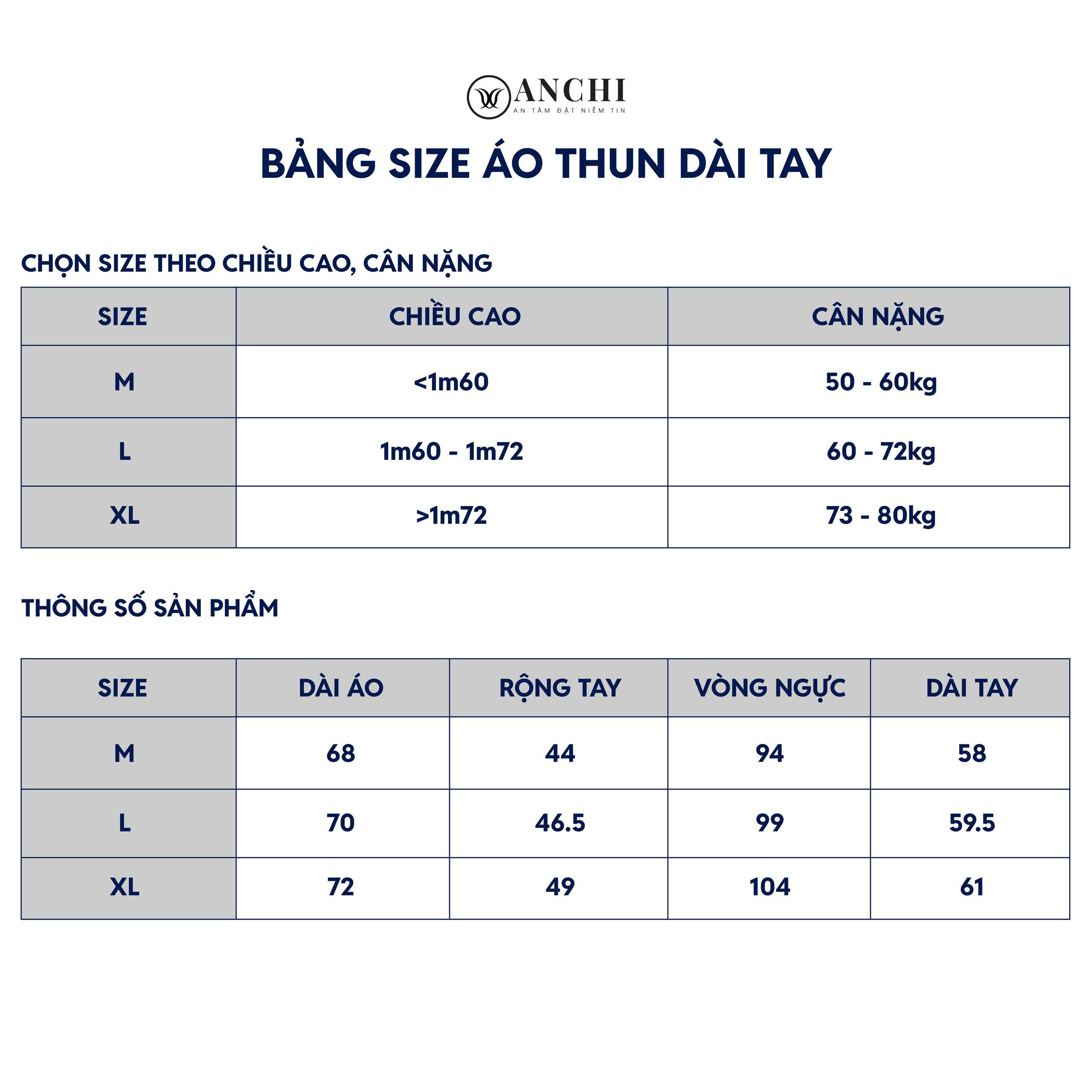 bảng size áo thun dài tay trung niên ANCHI