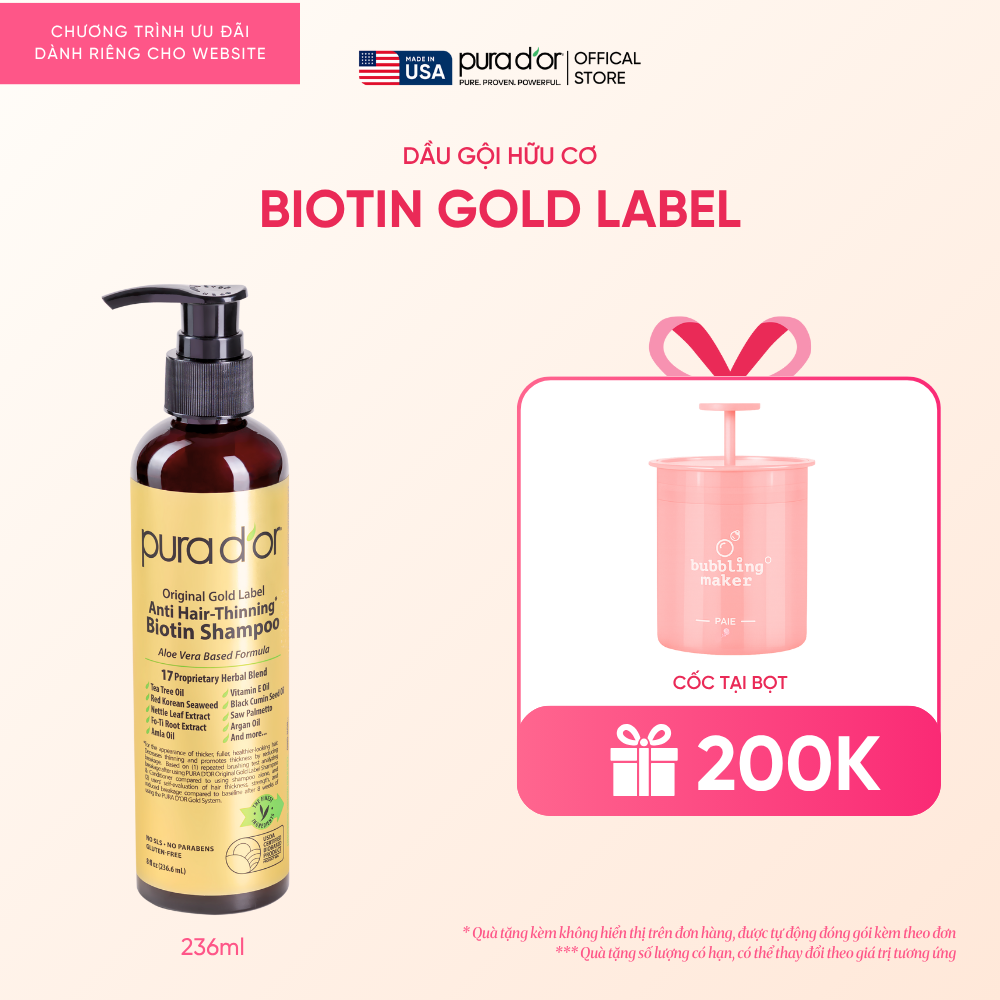 Dầu Gội Biotin Pura D'or Original Gold Label Chăm Sóc Da Đầu, Giảm Rụng Tóc, Hỗ Trợ Mọc Tóc 236ml
