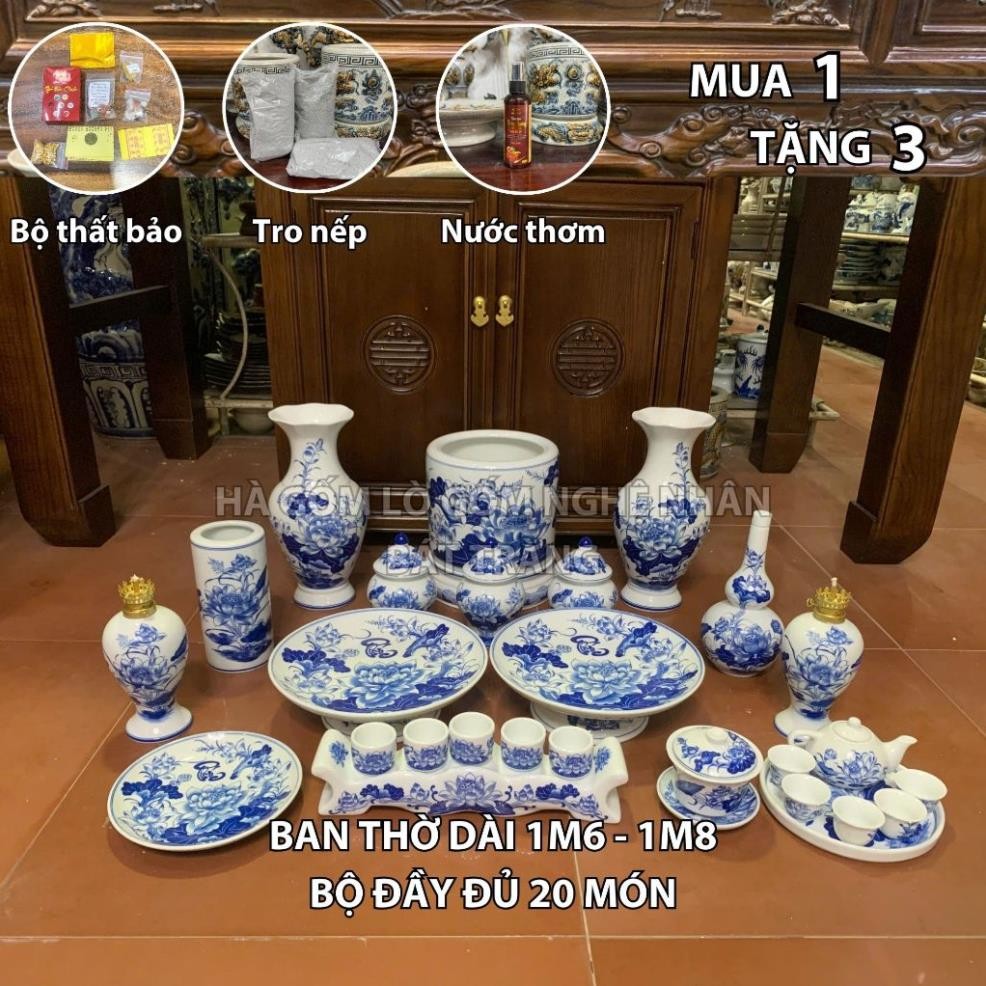 HG280 Đồ Thờ Cúng Bộ 20 món ban thờ 1M6 - 1M8 men trắng nghệ nhân Bát Tràng chế tác TẶNG Thất Bảo, Tro Nếp