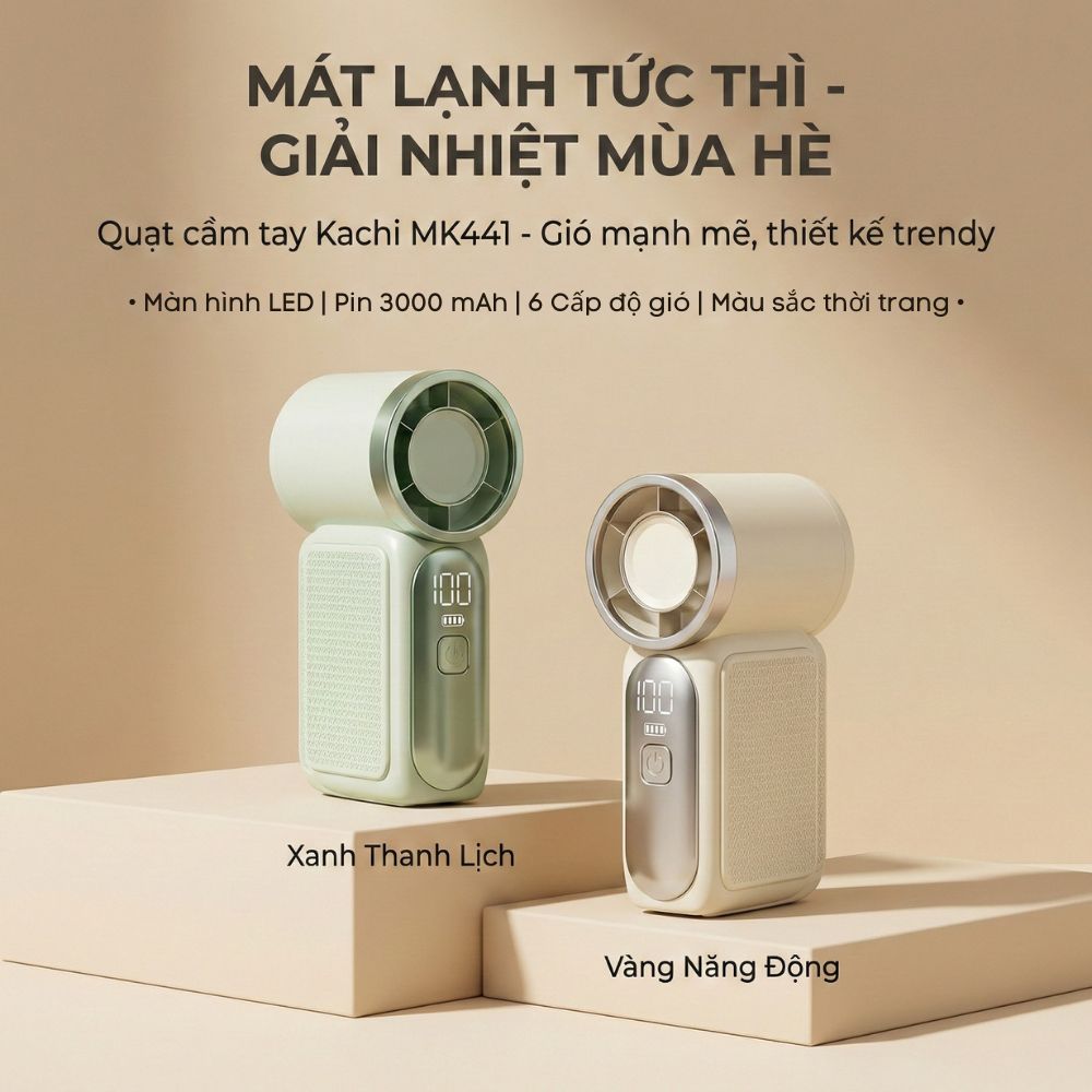 Quạt Cầm Tay Mini Kachi MK441 - Pin Khủng 3000mAh, Màn Hình LED Hiển Thị, 6 Cấp Độ Gió (Bảo Hành 18 Tháng)