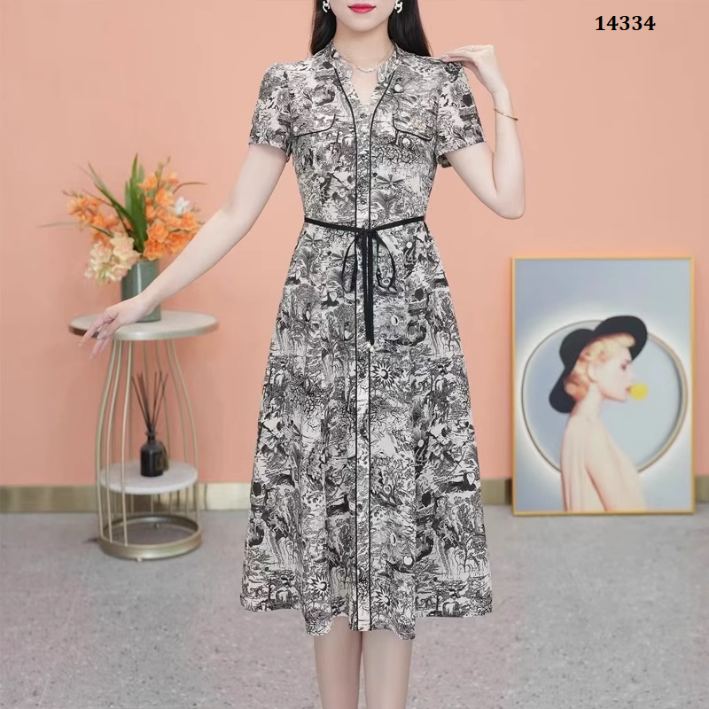 14334-Đầm suông in họa tiết cổ V cách điệu kèm thắt eo ( lụa mịn,lót)_thumbnail_4