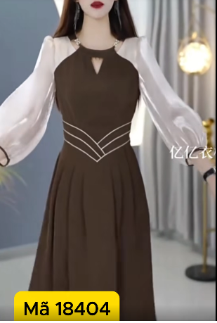 18404-Đầm xòe nâu phối tay voan trắng  viền eo cách điệu ( lụa, voan,lót)