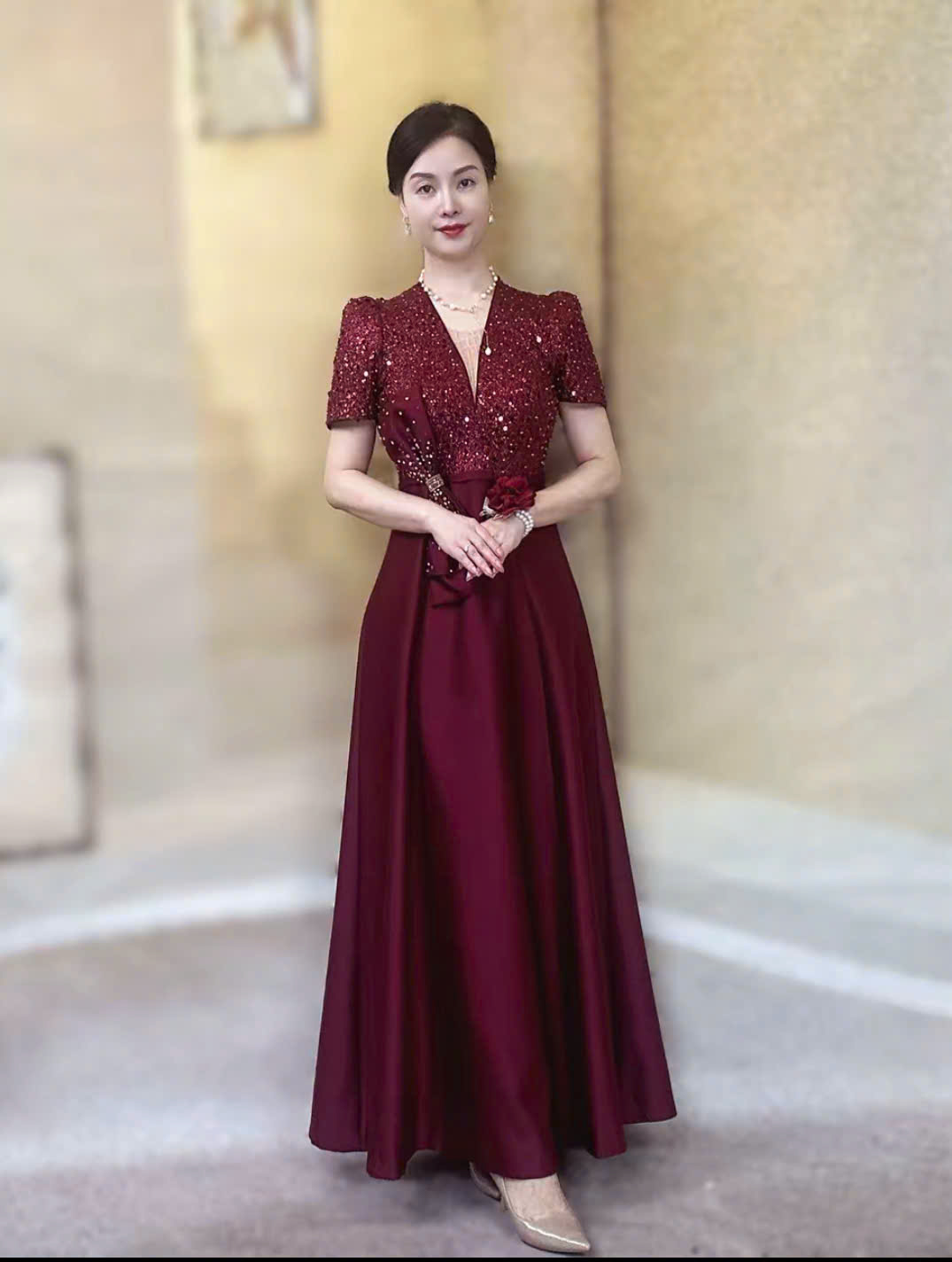 Đầm dự tiệc dạ hội xòe tay con phối nơ cao cấp