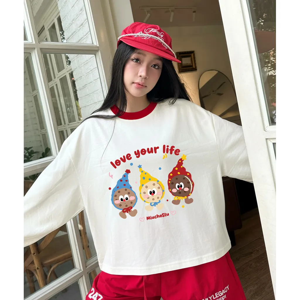 Áo thun boxy Miucho vải dày dặn thoáng mát tay dài cổ tròn Love your life in mix 2836_thumbnail_4