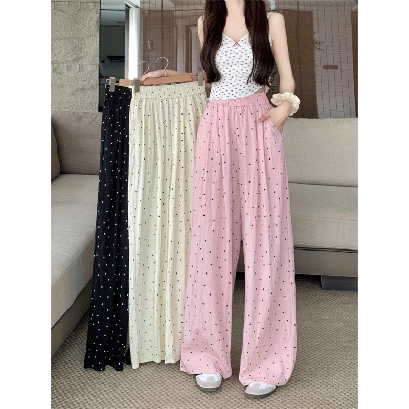 Quần suông nữ,chất vải đũi gió nhăn cao cấp chấm bi dễ thương, cạp chun eo cao_thumbnail_1