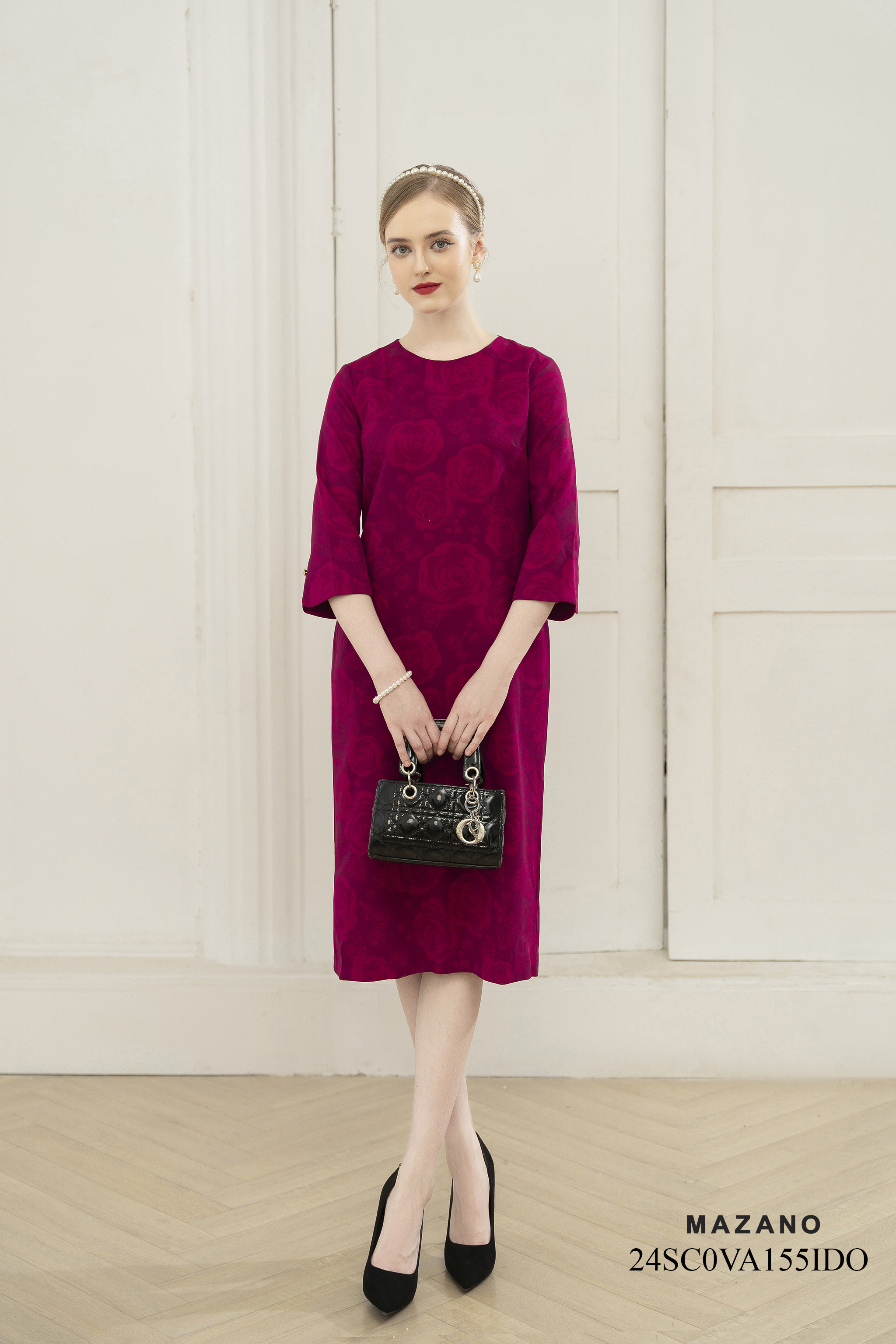 Váy Đầm Suông Vải thô dày Hoạ tiết hoa hồng in chìm Cổ tròn Tay lỡ Dài đến bắp chân_thumbnail_1