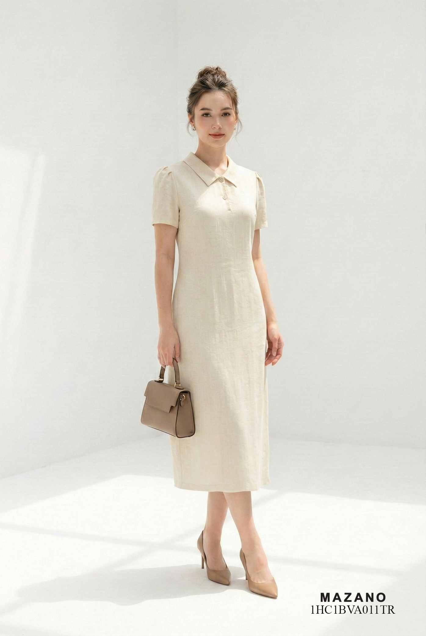 Đầm vải thô pha linen trắng kem dáng suông cổ sơ mi tay ngắn thiết kế MAZANO 1HC1BVA011TR_thumbnail_1