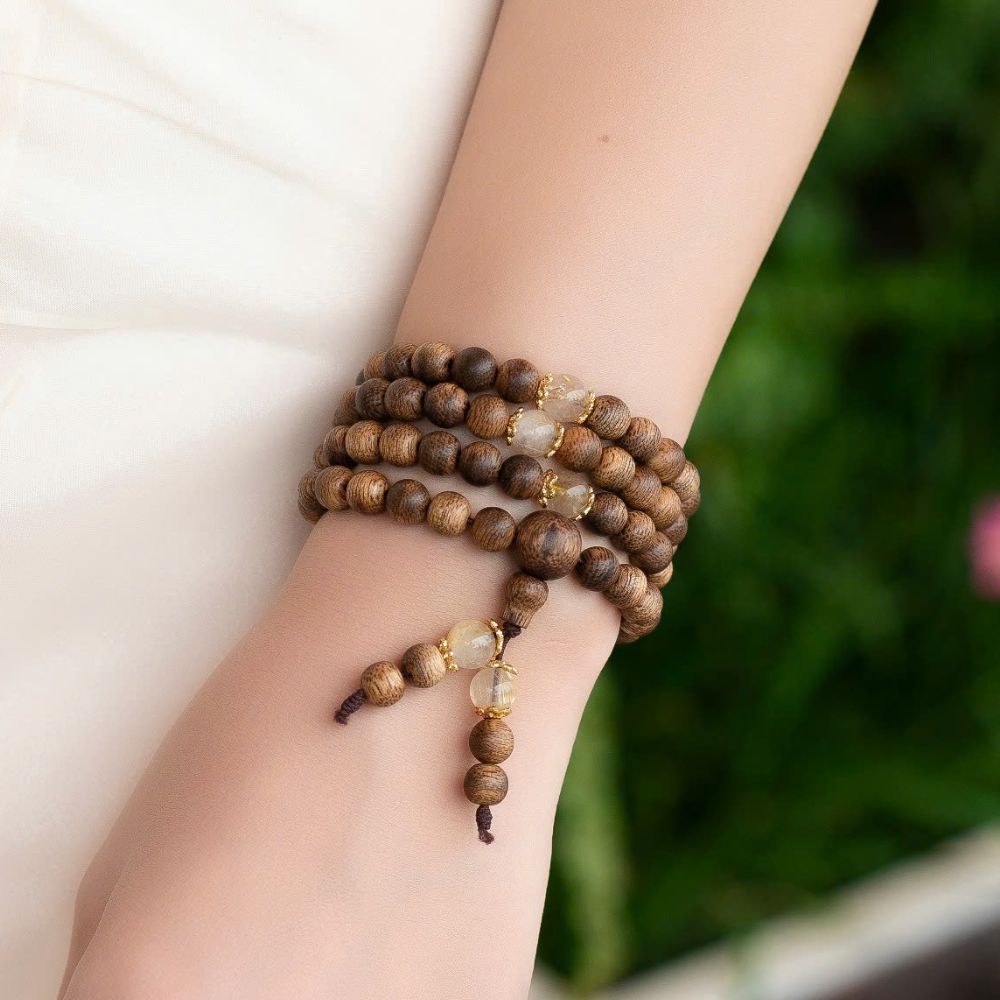 PT170 - Chuỗi vòng trầm tốc 108 hạt mix 5 đá phong thủy tự nhiên