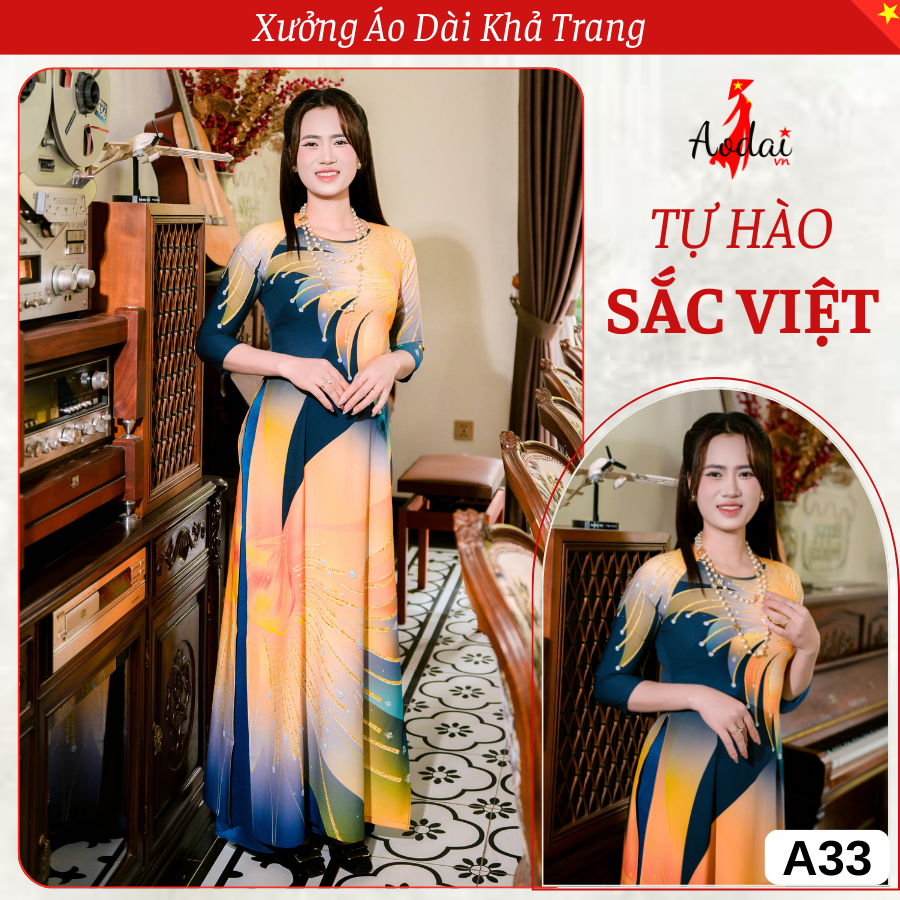 A33 Áo Dài Họa Tiết 3D Vàng Thiết kế Cổ Tròn Tay Lỡ