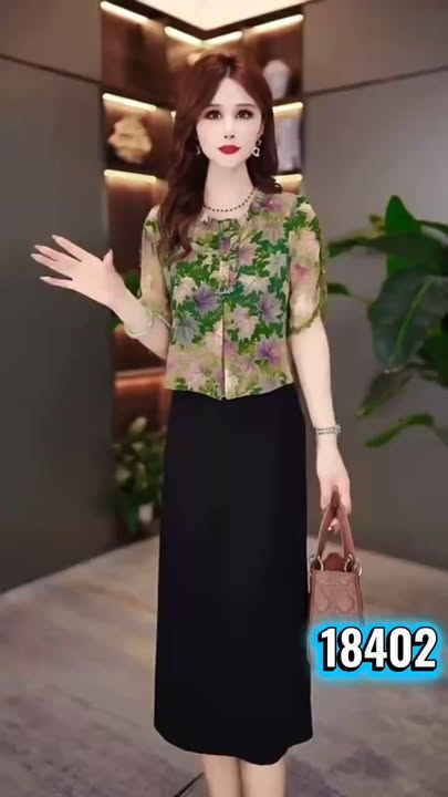 18402-Đầm suông giả rời phối voan  tay lở xẻ in 5D ( voan,lụa,lót)