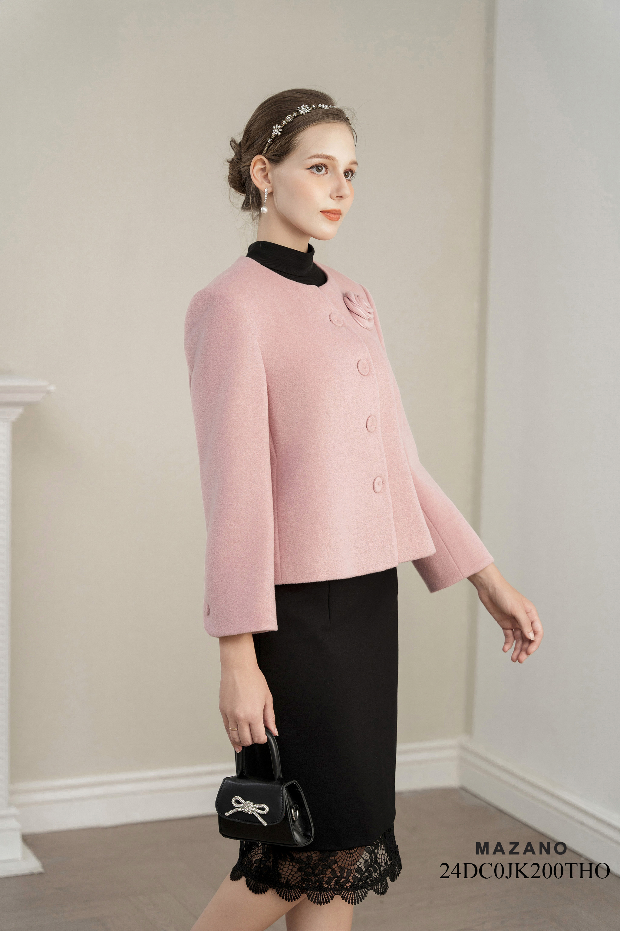 Áo khoác ngắn Vải dạ lông cừu Đính hoa thủ công Cổ tròn Tay dài Dài qua eo_thumbnail_3