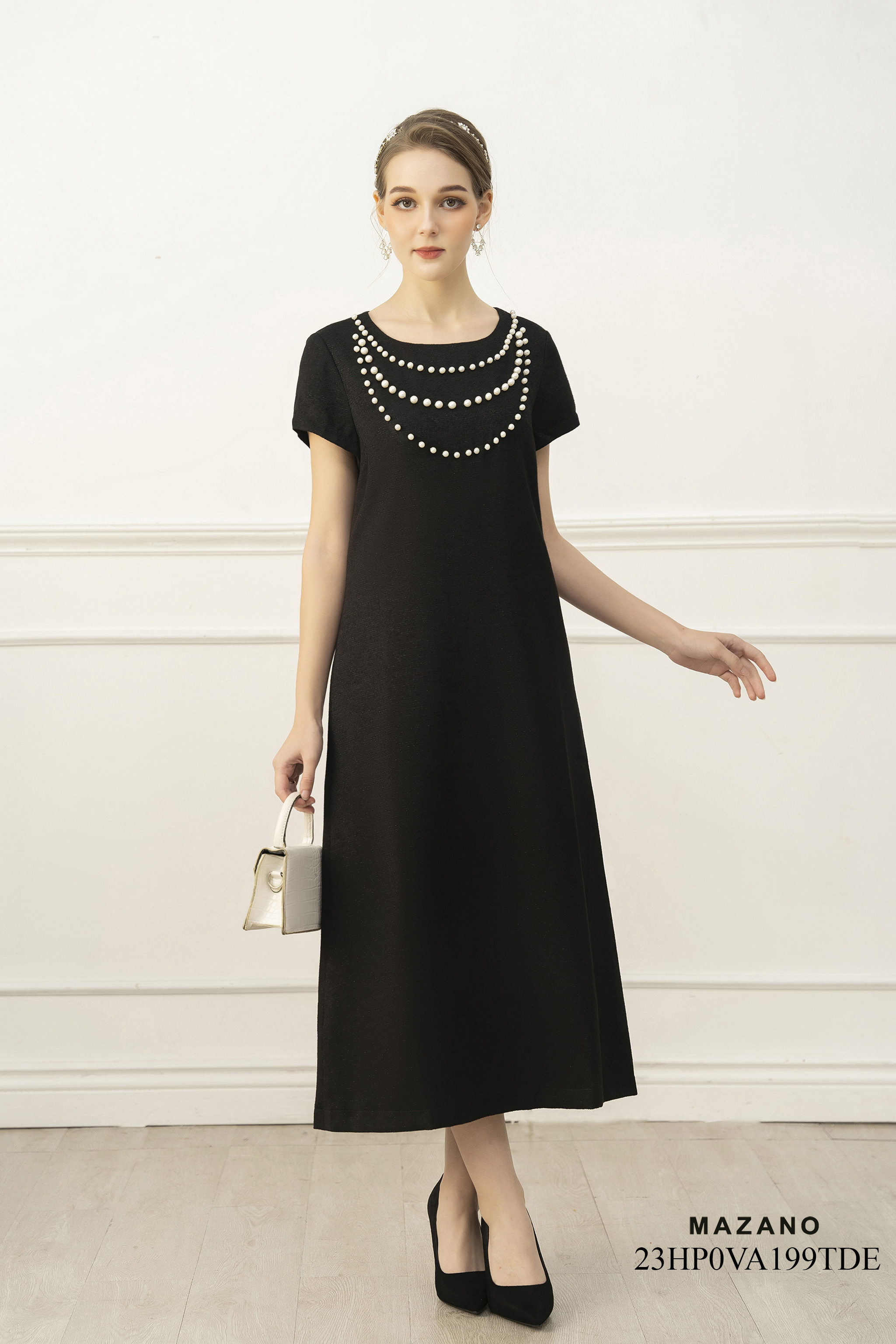 Đầm suông A dài đính ngọc trai cổ 23HP0VA199TDE