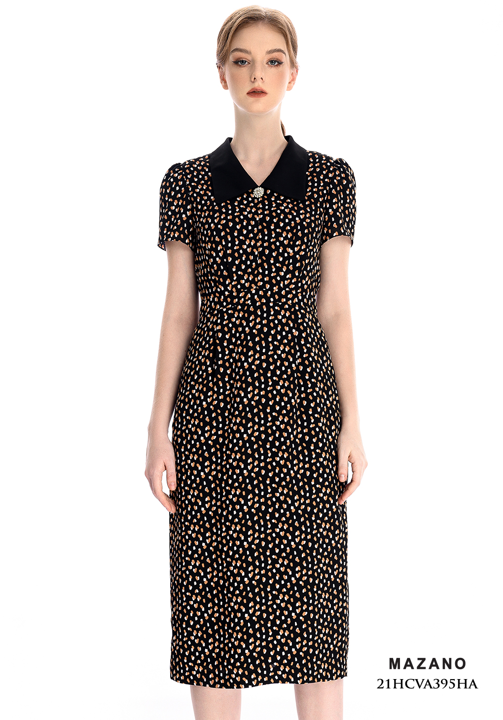 Đầm ôm A họa tiết chấm bi nâu vàng cổ cánh bướm_thumbnail_3