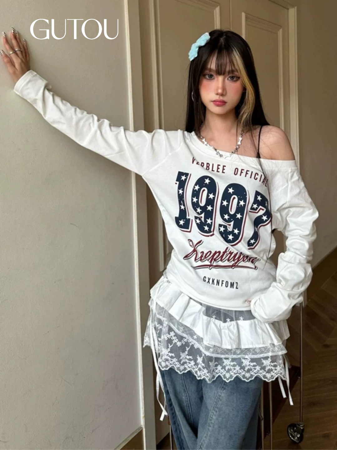 [ GUTOU ] Áo Thun Tay Dài Trễ Vai Retro 1997_thumbnail_3